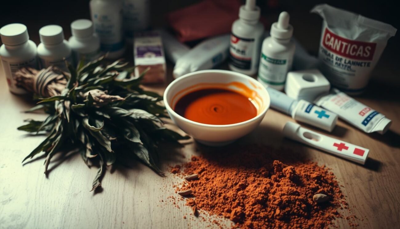 A cautionary still life depicting the potential hazards of henna usage. In the foreground, a bundle of dried henna leaves and powder spill across a wooden surface, casting shadows that hint at their potent effects. In the middle ground, a delicate porcelain bowl filled with a viscous, reddish-brown henna mixture, its intense color a visual warning. Surrounding this, an array of medical items - bandages, antiseptic creams, and rubber gloves - suggest the need for caution and care when applying this natural dye. Dimly lit with soft, warm lighting that casts an ominous yet alluring glow, the overall composition conveys the dual nature of henna - its beauty balanced by the importance of responsible, informed usage.
