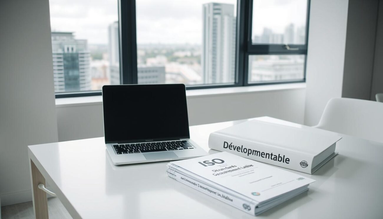 A clean, modern office setting with a large window overlooking a cityscape. On the desk sits a sleek laptop, along with several ISO standard documents and a binder labeled "Développement Durable". A well-lit, minimal environment with neutral tones, conveying a sense of professionalism and attention to sustainable practices. The scene is captured from a slightly elevated angle, emphasizing the importance of the ISO standards as central to the topic of sustainable development.