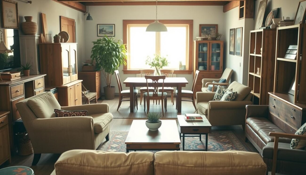 A cozy, rustic living room filled with an eclectic assortment of second-hand furniture, each piece meticulously refurbished and repurposed. In the foreground, a vintage armchair upholstered in earthy tones, surrounded by a mid-century modern coffee table and a sleek, wooden bookshelf. In the middle ground, a reclaimed wooden dining table with mismatched chairs, creating a charming, lived-in ambiance. Soft, natural lighting floods the space, casting a warm, inviting glow and highlighting the natural textures and patina of the upcycled furnishings. A lush, potted plant in the corner adds a touch of greenery, reinforcing the sustainable, eco-friendly theme. The overall atmosphere conveys a sense of harmony, where old and new seamlessly coexist, showcasing the beauty and practicality of secondhand, environmentally-conscious furniture.