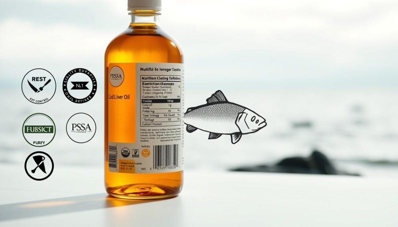 A high-quality cod liver oil bottle, backlit with soft, warm lighting to highlight its amber color and transparency. The bottle sits on a clean, minimalist white surface, casting a gentle shadow. In the foreground, various quality control seals, certifications, and nutritional information are clearly visible, conveying the product's purity and potency. The middle ground features a hand-drawn illustration of a cod fish, emphasizing the natural, sustainable source of the oil. The background subtly suggests a coastal landscape, with hints of rolling waves and a serene, overcast sky, evoking the marine environment from which the oil originates. The overall composition exudes a sense of quality, health, and environmental responsibility. A high-quality cod liver oil bottle, backlit with soft, warm lighting to highlight its amber color and transparency. The bottle sits on a clean, minimalist white surface, casting a gentle shadow. In the foreground, various quality control seals, certifications, and nutritional information are clearly visible, conveying the product's purity and potency. The middle ground features a hand-drawn illustration of a cod fish, emphasizing the natural, sustainable source of the oil. The background subtly suggests a coastal landscape, with hints of rolling waves and a serene, overcast sky, evoking the marine environment from which the oil originates. The overall composition exudes a sense of quality, health, and environmental responsibility.