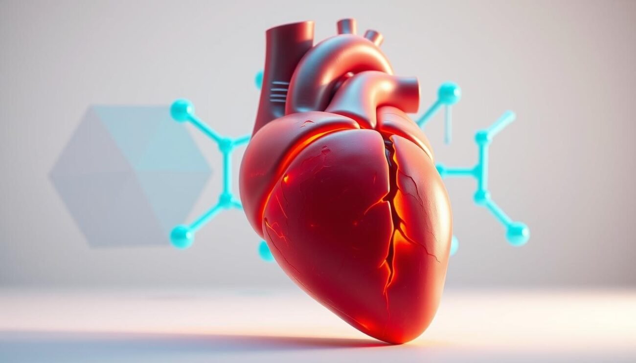 A large, healthy human heart set against a backdrop of a geometric molecular structure, representing the chemical compound magnesium. The heart is glowing with a warm, reddish-orange light, symbolizing the vital role of magnesium in cardiovascular health. The molecular structure is depicted in a cool, blue-green hue, creating a visual contrast and emphasizing the interconnectedness of magnesium and heart function. The lighting is soft and diffused, creating a serene, contemplative atmosphere. The composition is balanced, with the heart occupying the central focus and the molecular structure providing a visually compelling supporting element. The overall image conveys the importance of magnesium for maintaining a healthy heart and cardiovascular system. A large, healthy human heart set against a backdrop of a geometric molecular structure, representing the chemical compound magnesium. The heart is glowing with a warm, reddish-orange light, symbolizing the vital role of magnesium in cardiovascular health. The molecular structure is depicted in a cool, blue-green hue, creating a visual contrast and emphasizing the interconnectedness of magnesium and heart function. The lighting is soft and diffused, creating a serene, contemplative atmosphere. The composition is balanced, with the heart occupying the central focus and the molecular structure providing a visually compelling supporting element. The overall image conveys the importance of magnesium for maintaining a healthy heart and cardiovascular system.