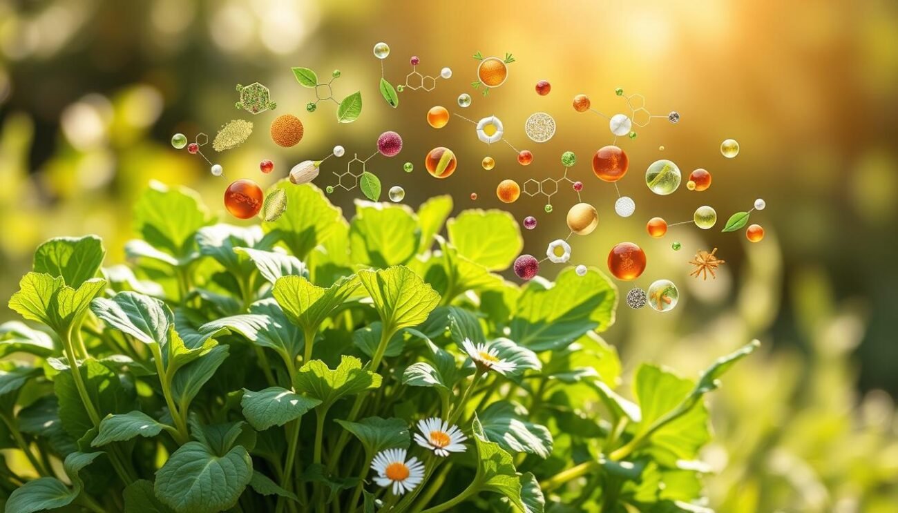 A lush, bountiful illustration of the nutritional value of arugula (Eruca sativa). Set against a bright, sun-dappled background, the central focus is a vibrant, multicolored display of the key vitamins, minerals, and phytonutrients found in this leafy green vegetable. Precise, detailed renderings of individual nutrient molecules and compounds float weightlessly, creating an almost ethereal, scientific visualization. The foreground features an elegant, botanically accurate arugula plant, its delicate leaves and flowers rendered with meticulous attention to texture and form. The overall composition conveys a sense of abundance, vitality, and the incredible nutritional power contained within this humble yet remarkable plant.