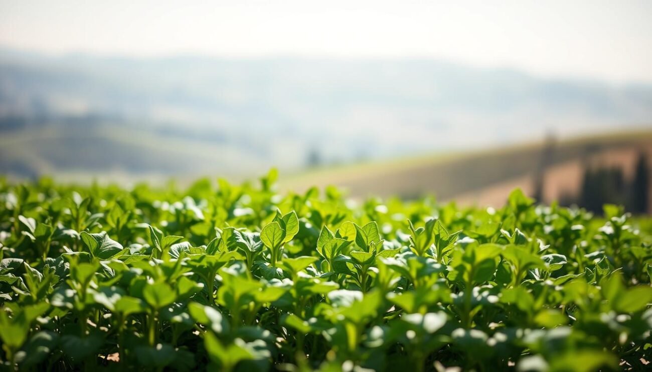 A lush, verdant field of fresh green arugula (also known as "جرجير") takes center stage, its delicate leaves gently swaying in the soft, natural light. In the foreground, a close-up view reveals the intricate texture and vibrant color of the arugula, highlighting its potential as a nutrient-dense superfood. The middle ground features a scattering of fragrant herbs and spices, evoking the flavors that complement the peppery arugula. In the background, a hazy, dreamlike landscape of rolling hills and a clear, azure sky creates a serene, calming atmosphere. This image conveys the health benefits of arugula, particularly its positive impact on bone health and joint function, aligning with the subject of the article.