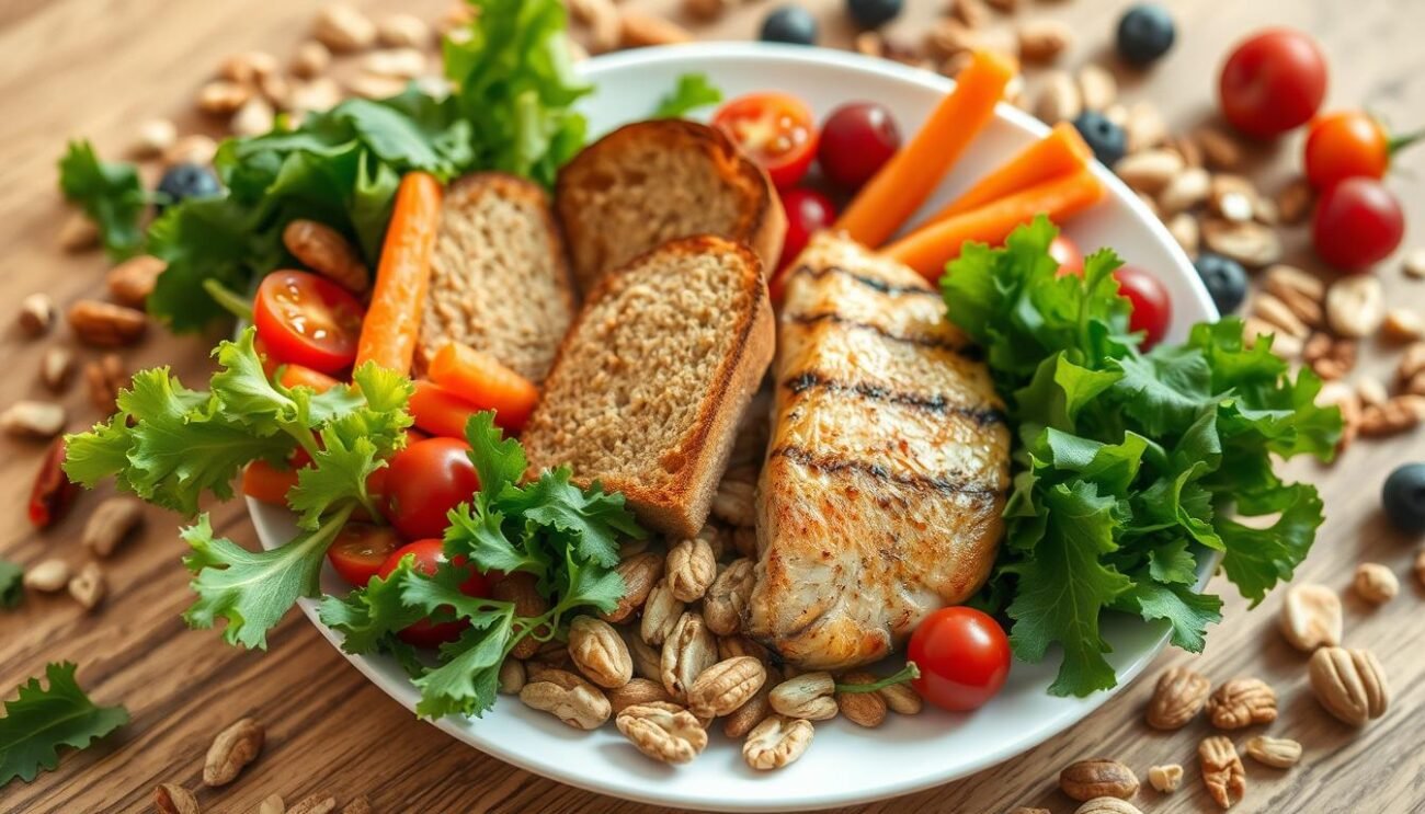 A meticulously arranged plate showcasing the fundamentals of a balanced diet. In the foreground, a vibrant array of fresh vegetables - crisp leafy greens, juicy tomatoes, and crunchy carrots - artfully presented. In the middle, golden-brown whole grain bread and a serving of lean protein, such as grilled chicken or fish. Surrounding the plate, a scattering of nuts, seeds, and fresh berries, providing a pop of color and a variety of essential nutrients. The lighting is warm and natural, highlighting the textures and hues of the ingredients. The overall composition conveys a sense of harmony, balance, and the nourishing benefits of a well-rounded meal.