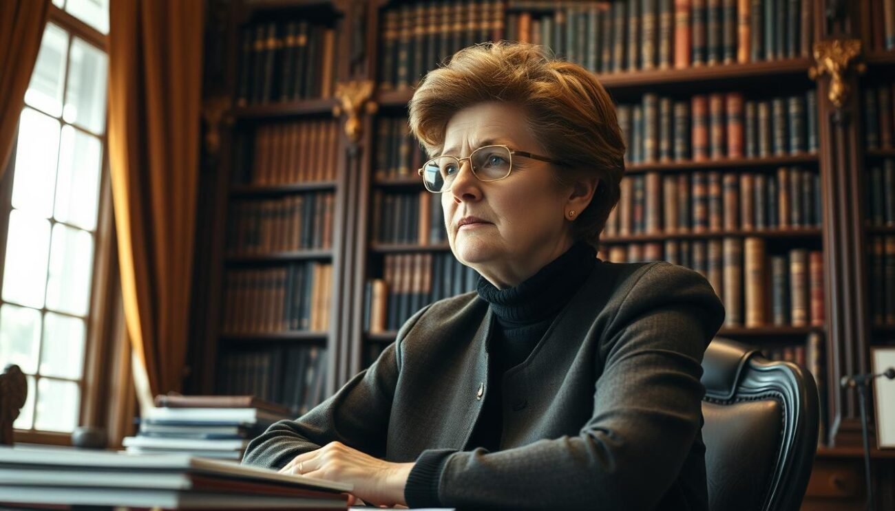 A meticulously detailed portrait of Gro Harlem Brundtland, the former Prime Minister of Norway and the author of the influential "Brundtland Report" on sustainable development. The scene depicts Brundtland seated at a desk, deep in thought, surrounded by the muted tones of her office. Warm, directional lighting illuminates her pensive expression, casting gentle shadows that accentuate her features. The background is dominated by a massive, ornate bookshelf, symbolizing the depth of knowledge and research that informed her groundbreaking work. The overall atmosphere conveys a sense of gravity and intellectual rigor, reflecting the seminal impact of the Brundtland Report on the global sustainability movement.