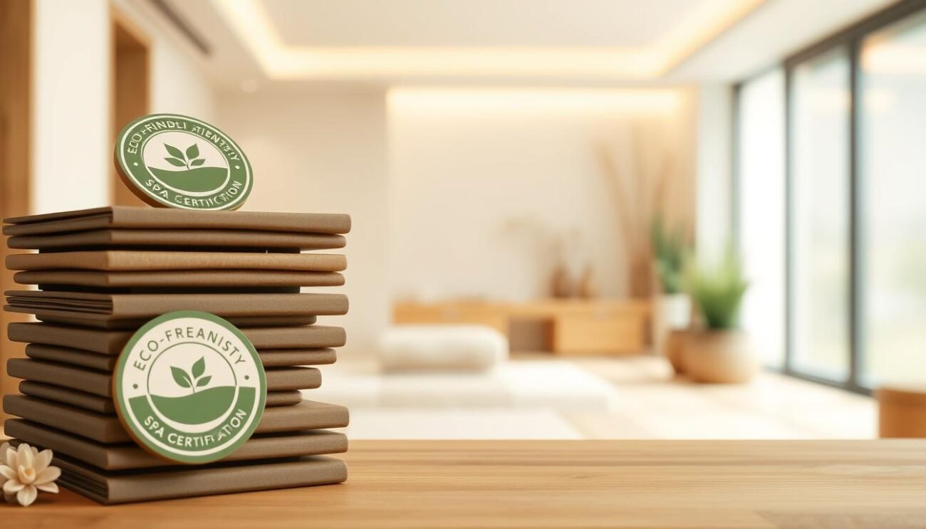 A modern, minimalist illustration of eco-friendly spa certifications. In the foreground, a stack of certification seals and labels in muted green and brown tones, conveying sustainability and natural elements. In the middle ground, a serene, blurred background of a minimalist spa interior with clean lines, natural materials, and gentle lighting. The overall atmosphere is calming, with a focus on the certifications as the central visual element, highlighting their importance in an eco-conscious spa setting.