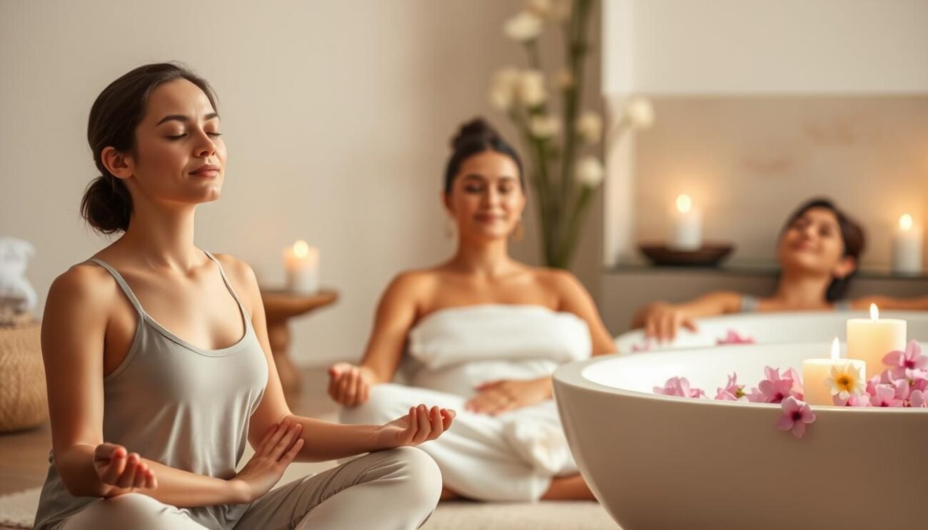 A peaceful, serene scene of various relaxation techniques. In the foreground, a person sitting in a lotus position, eyes closed, practicing meditation. In the middle ground, a person receiving a soothing massage, their expression one of tranquility. In the background, a person soaking in a warm, candlelit bath, surrounded by fragrant flowers. The lighting is soft and diffused, creating a calming atmosphere. The overall color palette is muted and earthy, evoking a sense of natural harmony. The composition is balanced and symmetrical, conveying a sense of balance and equilibrium.