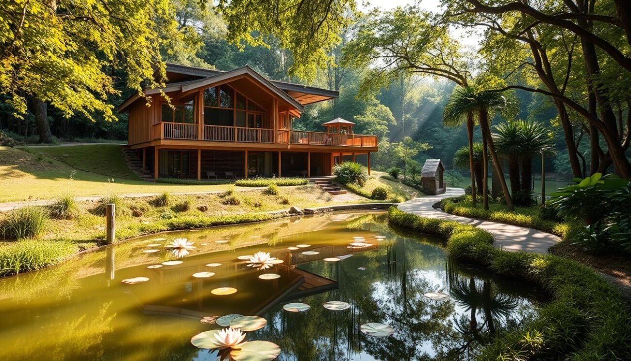 A serene and eco-friendly oasis, Viskan Spa sits nestled amidst a lush, verdant landscape. Its wooden architecture seamlessly blends with the natural surroundings, exuding a warm, rustic charm. The spa's façade is adorned with large windows that flood the interior with natural light, creating a bright and airy ambiance. In the foreground, a tranquil pond reflects the picturesque scenery, its still waters dotted with floating lotus blossoms. Meandering pathways wind through the grounds, leading to secluded treatment rooms and relaxation areas. Gentle rays of sunlight filter through the canopy of trees, casting a soft, natural glow over the entire scene. The overall atmosphere is one of calm, rejuvenation, and a deep connection with the surrounding environment.