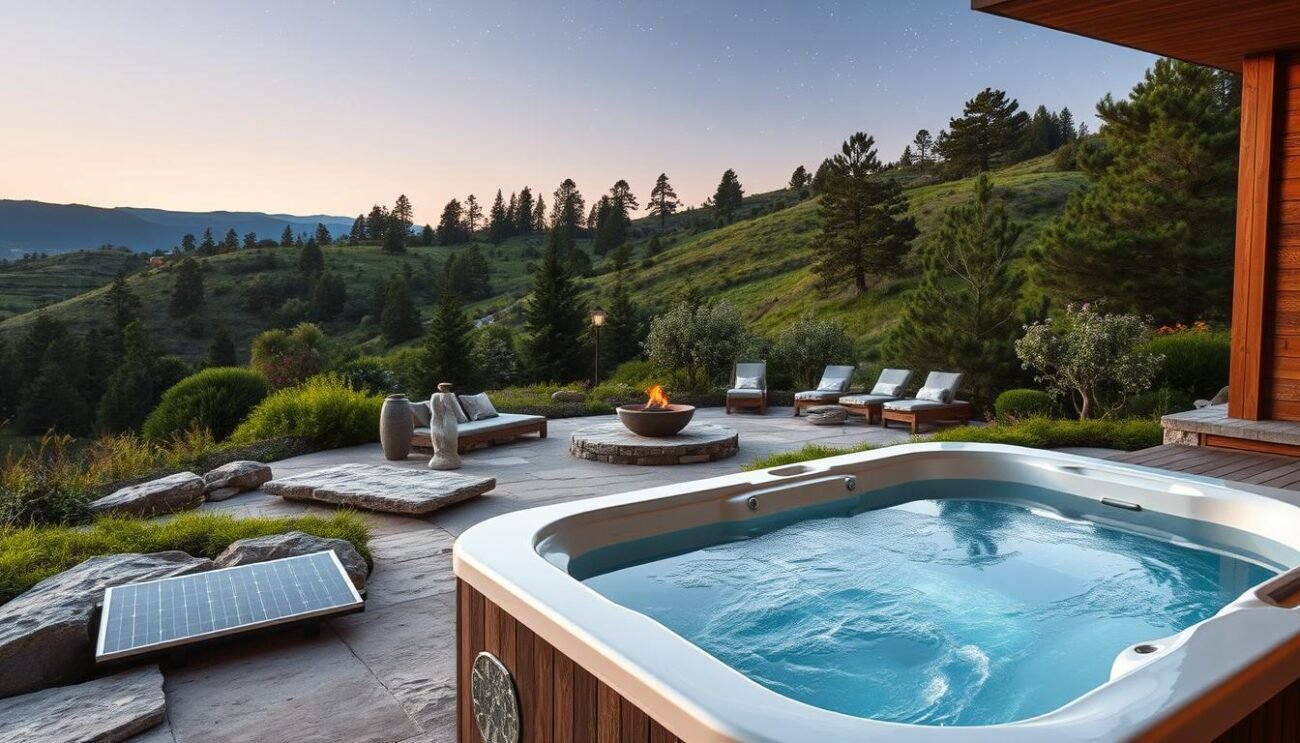 A serene eco-friendly spa nestled in a lush, verdant landscape. In the foreground, a modern, energy-efficient hot tub surrounded by natural stone and wood accents, with strategically placed solar panels gleaming in the warm, diffused lighting. The middle ground features a tranquil meditation area with cushions and a water feature, powered by renewable energy sources. In the background, a rolling hillside dotted with towering pine trees and a clear, starry sky, creating a calming, sustainable oasis. The entire scene exudes a sense of harmony and environmental consciousness, perfectly capturing the essence of an energy-efficient spa.