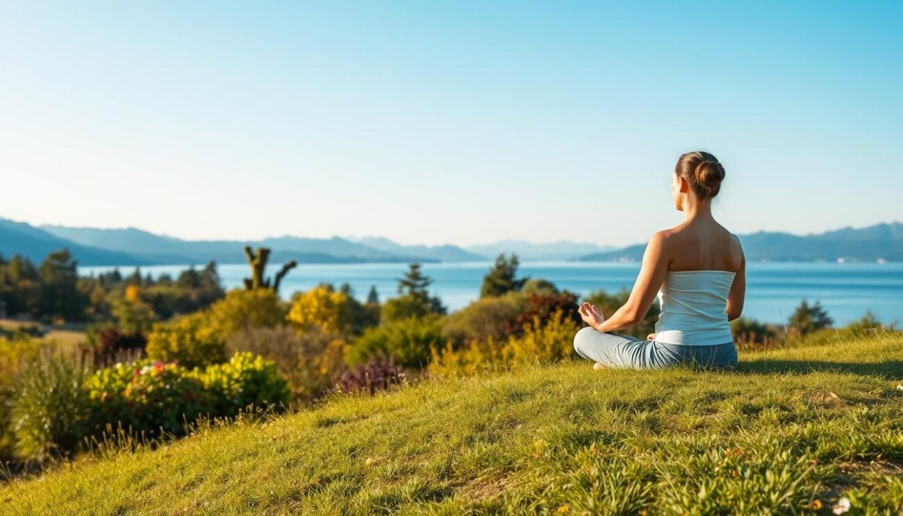 A serene outdoor scene with a person practicing mindfulness meditation. The foreground features a person sitting cross-legged on a grassy knoll, eyes closed and hands resting peacefully in their lap. The middle ground shows lush, vibrant greenery with a mix of trees, shrubs, and flowers in soft, natural hues. The background depicts a tranquil lake reflecting the sky, with distant mountains in muted blues and purples. Soft, diffused natural lighting casts a warm, calming glow over the entire scene. The overall atmosphere is one of mental clarity, inner peace, and holistic well-being.