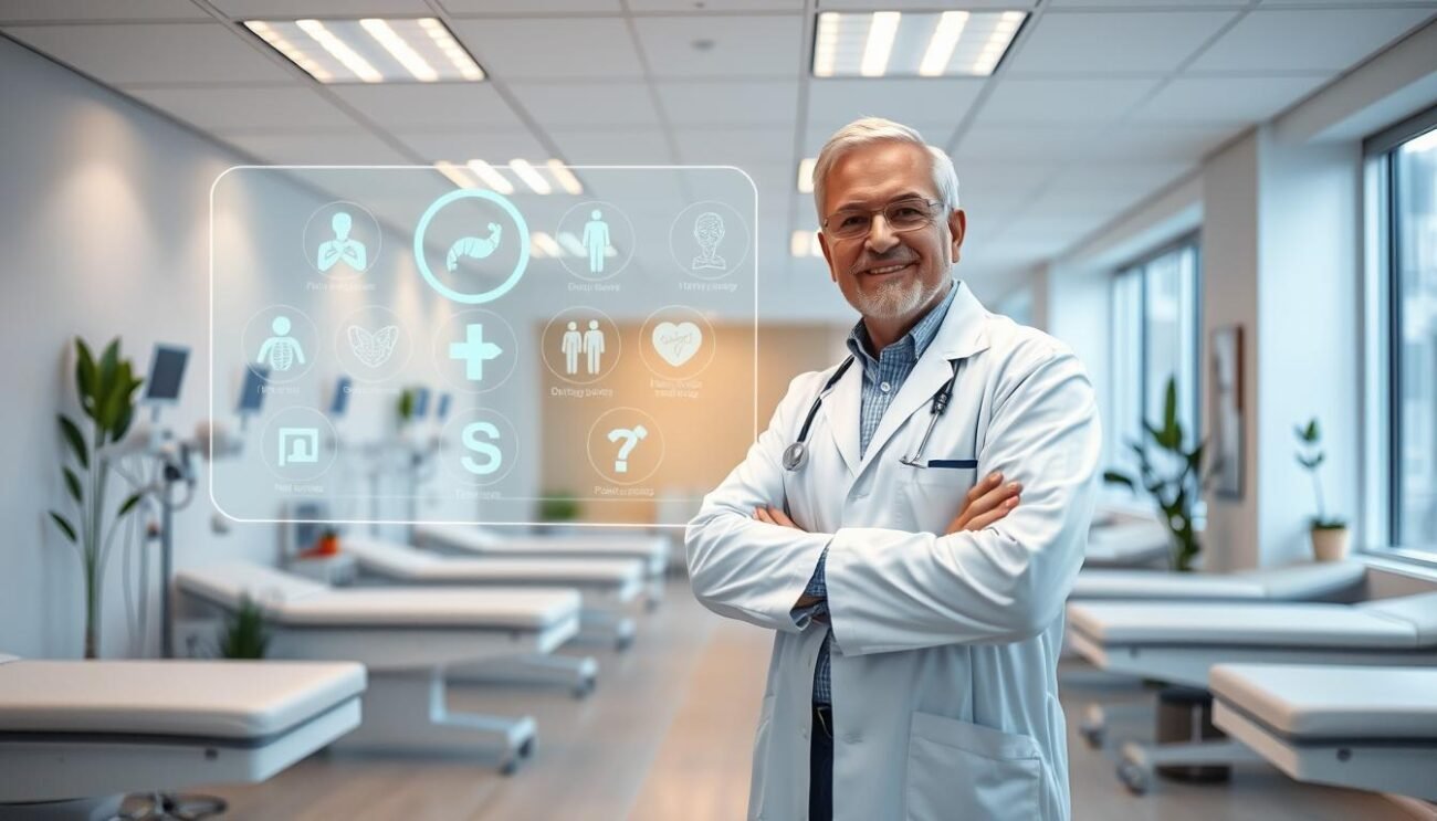A serene, well-lit medical clinic interior with clean, modern design elements. In the foreground, a middle-aged man in a white coat stands confidently, gesturing towards a large holographic display showcasing different chronic diseases and their prevention methods. The background features rows of examination tables, medical equipment, and soothing natural elements like potted plants. The lighting is soft and warm, conveying a sense of comfort and professionalism. The overall atmosphere is one of expertise, care, and a holistic approach to preventive healthcare.