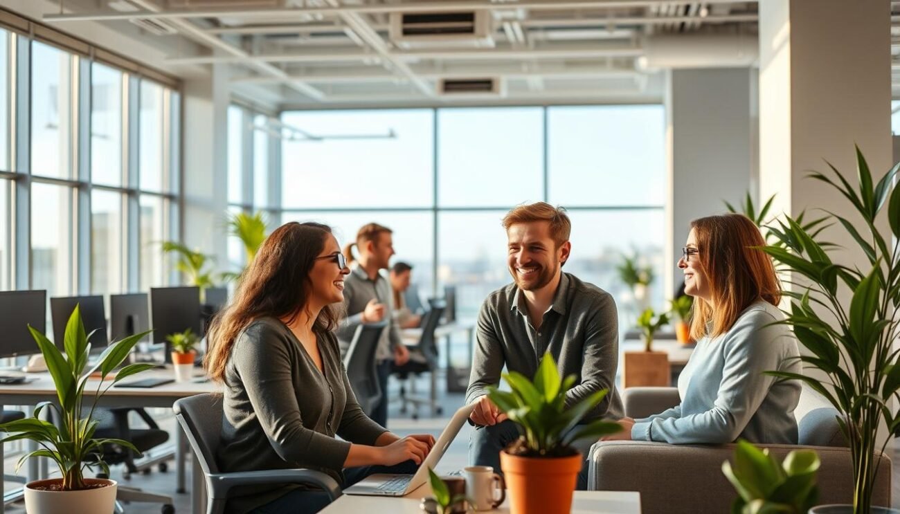 A serene, well-lit office interior with a calming atmosphere. In the foreground, a group of employees engaged in collaborative teamwork, their expressions radiating a sense of fulfillment and positive energy. The middle ground features ergonomic workstations, comfortable seating, and natural elements like potted plants, promoting a harmonious and rejuvenating work environment. The background showcases large windows allowing ample natural light to flood the space, creating a bright and airy ambiance. The overall scene conveys a strong emphasis on workplace well-being, equity, and a nurturing, supportive company culture.