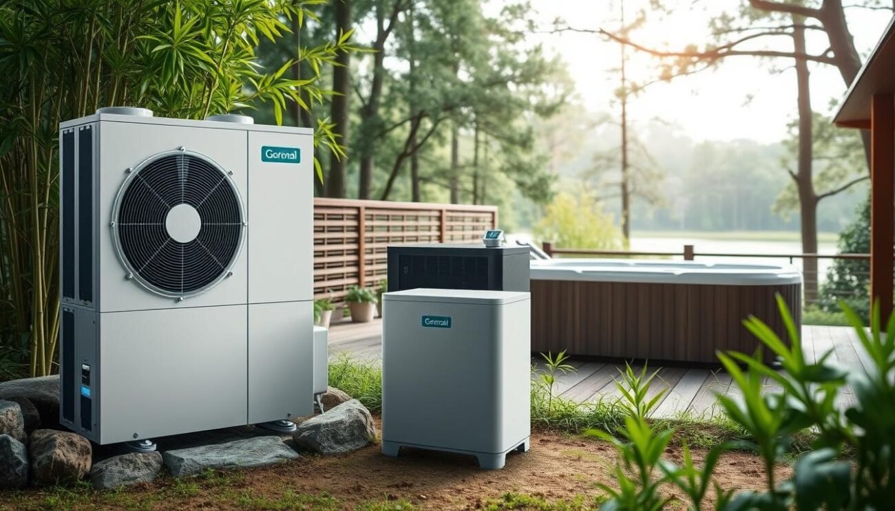A sleek, modern eco-friendly heating and filtration system for a sustainable Jacuzzi. In the foreground, a minimalist, energy-efficient heat pump is prominently displayed, surrounded by lush greenery and natural materials like stone and bamboo. In the middle ground, a compact, high-performance water filtration unit blends seamlessly into the environment. The background showcases a serene, outdoor Jacuzzi setting with a wooden deck, towering trees, and a tranquil pond. Soft, diffused natural lighting creates a calming atmosphere, emphasizing the harmony between the Jacuzzi system and its natural surroundings. The overall composition conveys a sense of environmental consciousness and wellness.