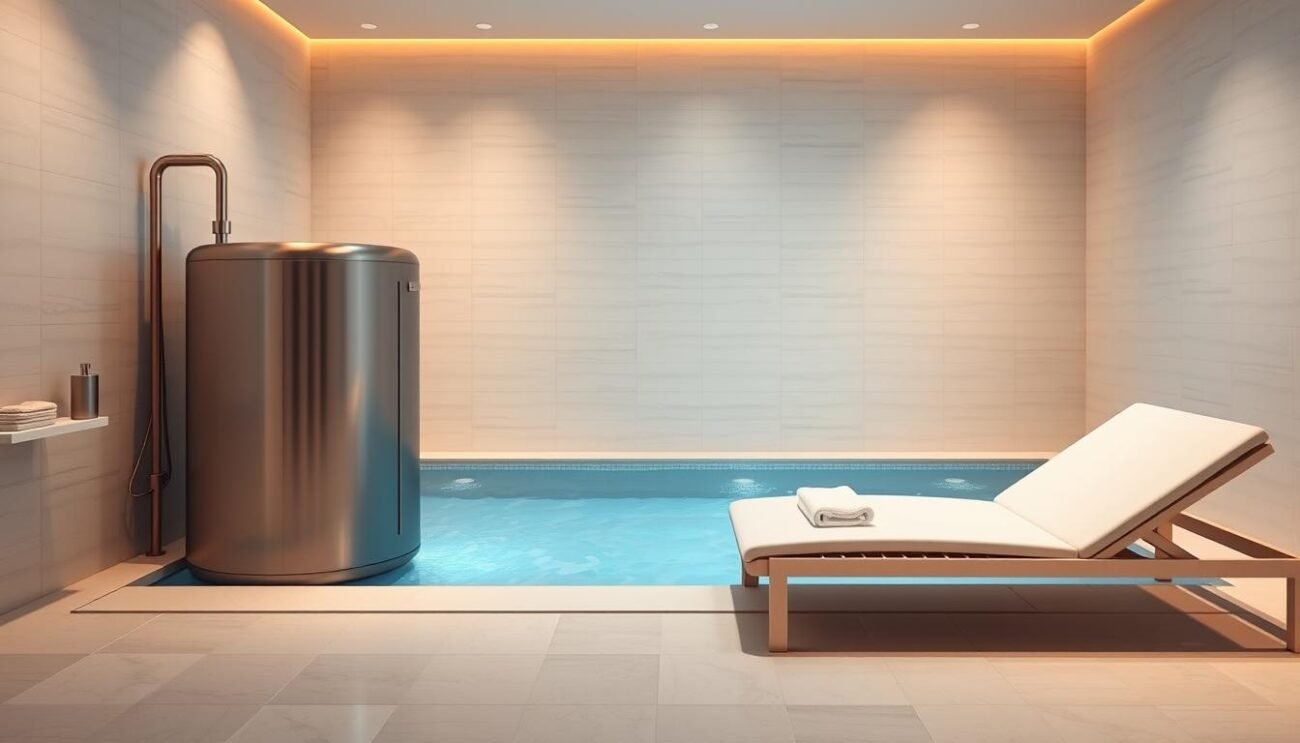 A sleek, modern water recycler spa system set against a serene, minimalist bathroom backdrop. The recycler's smooth, stainless steel exterior glistens under soft, warm lighting, blending seamlessly with the clean, tiled walls and floor. A tranquil, blue-tinted pool of water flows gently, recycling and filtering through the efficient system. Elegant, white-toweled loungers flank the pool, creating a relaxing, eco-friendly oasis. The overall composition emphasizes the spa's sustainable water conservation, conveying a sense of environmentally-conscious luxury and wellness.
