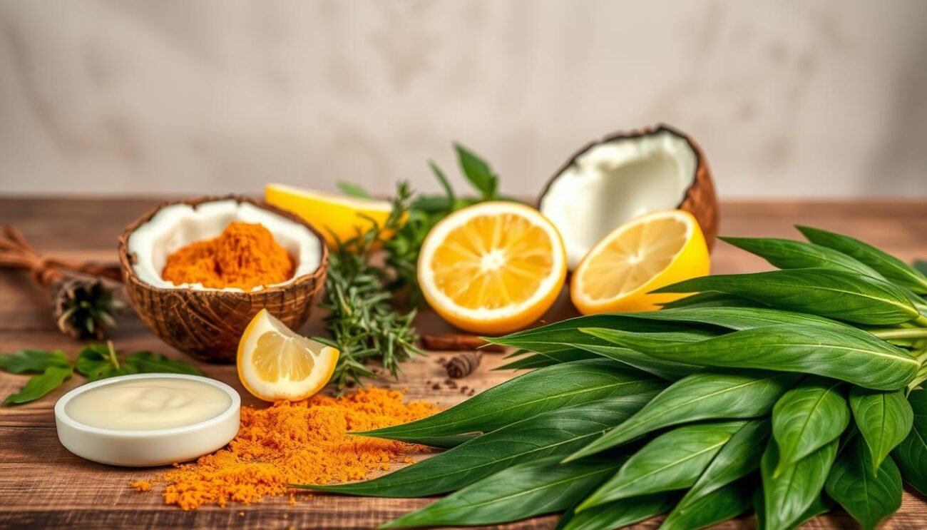 A vibrant and lush still life composition showcasing various natural ingredients that can be added to henna to enhance its benefits for hair. In the foreground, a bundle of fresh henna leaves, their deep green hues contrasted by the warm amber tones of ground henna powder. In the middle ground, an assortment of complementary ingredients such as coconut oil, lemon wedges, and herbs like rosemary and thyme, all arranged elegantly on a wooden surface. The background features soft, diffused lighting, creating a serene and inviting atmosphere that emphasizes the natural, holistic nature of the scene. The overall composition conveys a sense of balance, simplicity, and the harmony between nature's gifts and their transformative potential for hair care.