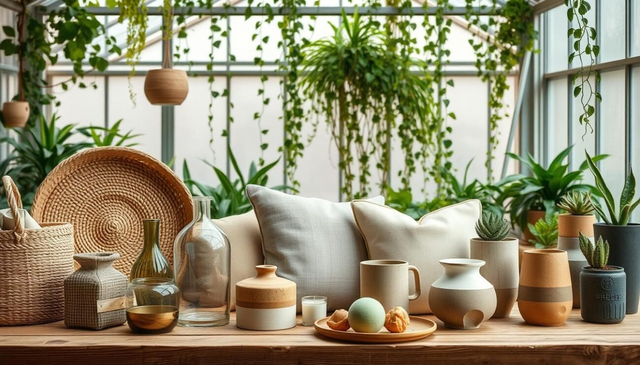 A vibrant collage showcasing a curation of eco-friendly home decor products from sustainable brands. The foreground features a variety of natural materials and textiles such as woven baskets, recycled glass vases, and organic cotton throw pillows, artfully arranged on a wooden table. The middle ground highlights artisanal ceramics, handcrafted candles, and minimalist plant pots. In the background, a lush indoor greenhouse with trailing vines sets the tone for a serene, nature-inspired atmosphere. Soft, diffused lighting illuminates the scene, casting gentle shadows and highlighting the textural details of the sustainable decor items. The overall composition conveys a sense of mindful, responsible living and a commitment to environmental consciousness.