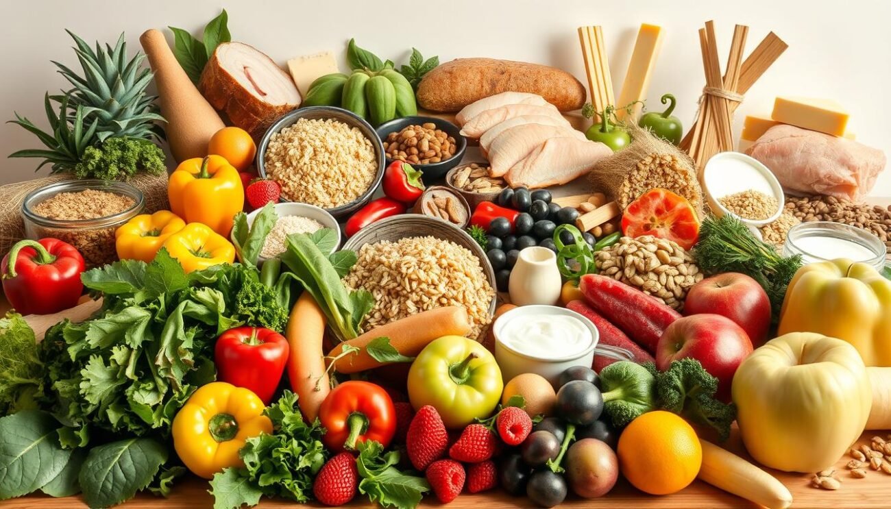 A vibrant still life showcasing a diverse selection of healthy food categories. In the foreground, an assortment of fresh fruits and vegetables - leafy greens, colorful peppers, juicy berries, and crisp apples - arranged in a visually appealing manner. In the middle ground, various whole grains such as quinoa, brown rice, and whole wheat bread, complemented by lean proteins like chicken, fish, and legumes. In the background, a selection of dairy products, including low-fat yogurt and cheese, as well as healthy fats from nuts and seeds. The lighting is soft and natural, casting a warm glow over the scene, creating a welcoming and appetite-inspiring atmosphere. Captured with a wide-angle lens to emphasize the breadth of the healthy food categories.