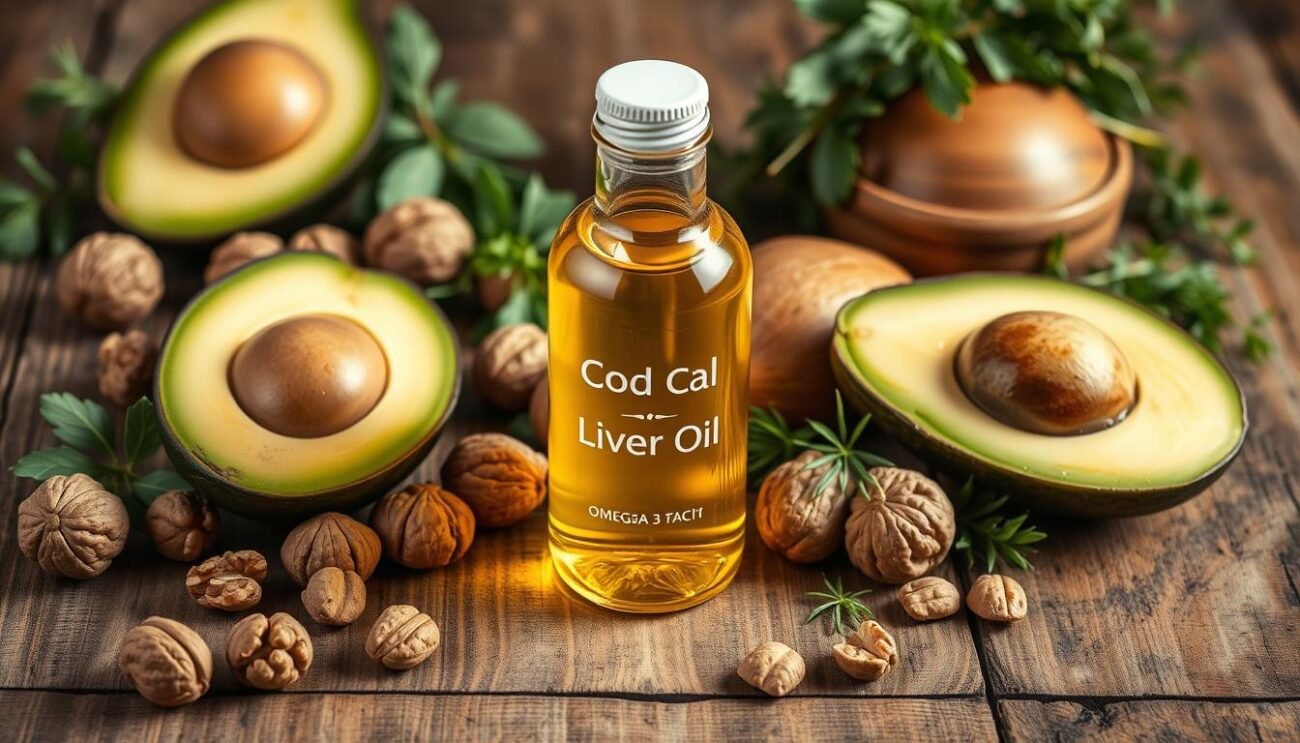 A vibrantly lit, high-resolution photograph of a glass bottle filled with golden-hued cod liver oil, placed on a rustic wooden surface. Prominently displayed around the bottle are various fresh ingredients associated with omega-3 fatty acids and vitamins, such as walnuts, avocado slices, and fresh herbs. The image conveys a sense of health, wellness, and the natural benefits of cod liver oil, presenting it as a nourishing, premium supplement. The lighting is soft and warm, highlighting the natural textures and colors of the scene. The overall composition is visually appealing and evocative of the "main benefits" of cod liver oil as a health-conscious food or supplement. A vibrantly lit, high-resolution photograph of a glass bottle filled with golden-hued cod liver oil, placed on a rustic wooden surface. Prominently displayed around the bottle are various fresh ingredients associated with omega-3 fatty acids and vitamins, such as walnuts, avocado slices, and fresh herbs. The image conveys a sense of health, wellness, and the natural benefits of cod liver oil, presenting it as a nourishing, premium supplement. The lighting is soft and warm, highlighting the natural textures and colors of the scene. The overall composition is visually appealing and evocative of the "main benefits" of cod liver oil as a health-conscious food or supplement.