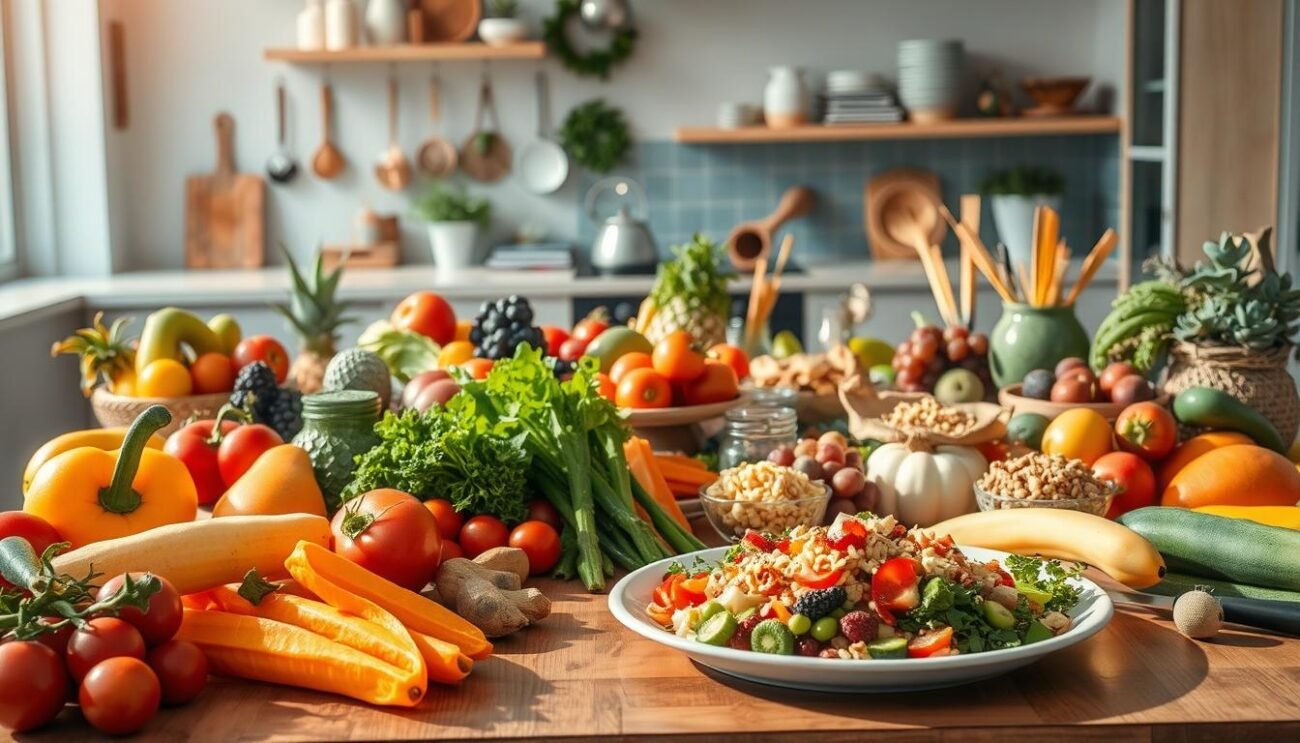A bountiful table filled with an array of vibrant, wholesome foods - freshly picked fruits, crisp vegetables, hearty grains, and lean proteins. Illuminated by warm, natural light, the scene radiates a sense of nourishment and balance. In the foreground, a plate showcases a beautifully arranged, visually appealing meal, its ingredients thoughtfully selected to provide a symphony of flavors and textures. The middle ground features an assortment of kitchen utensils, cookbooks, and other tools, hinting at the preparation and care that goes into crafting a well-rounded, nutritious diet. The background depicts a serene, modern kitchen, its clean lines and minimalist design creating a calming atmosphere conducive to mindful, healthy eating.