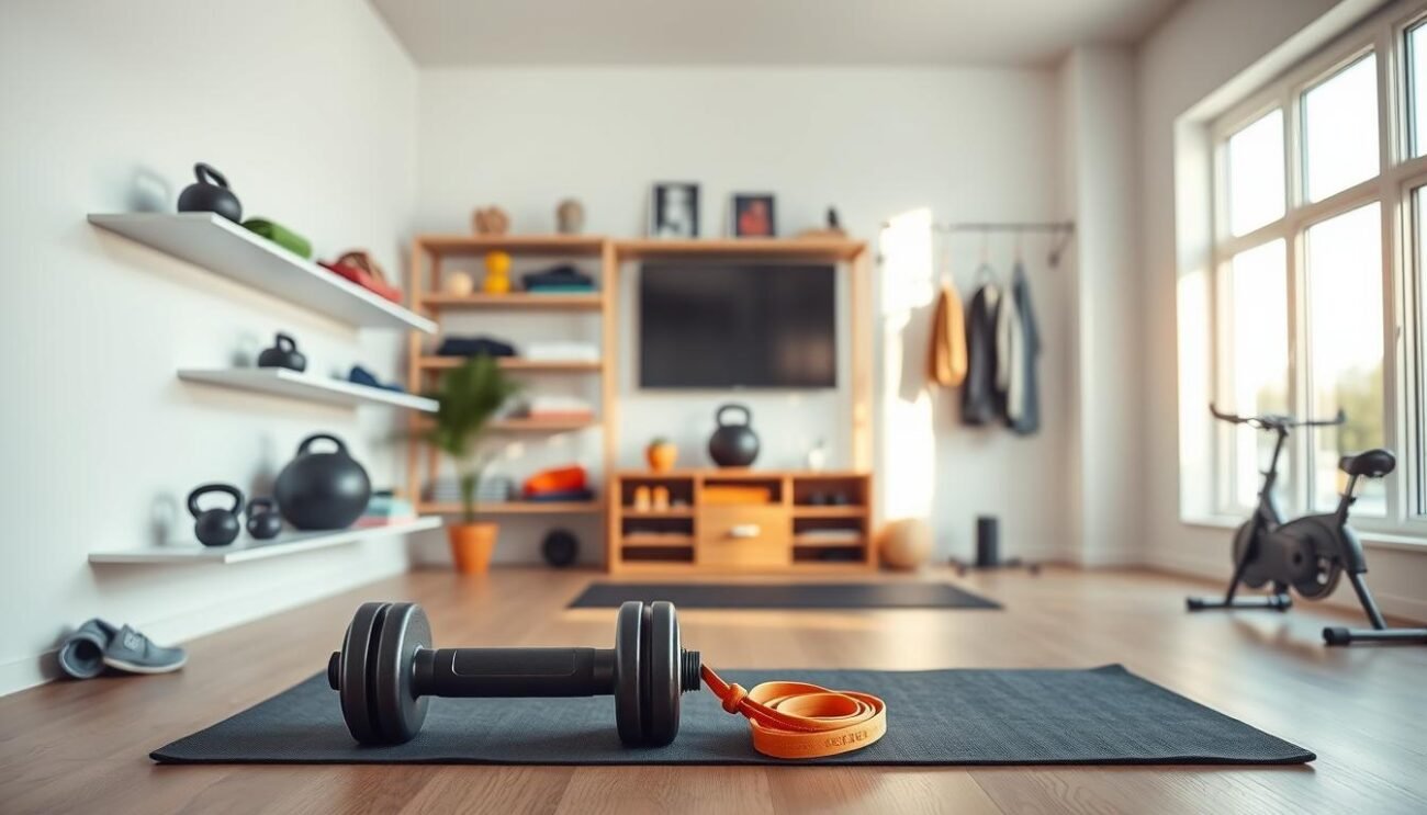 A bright, airy home gym with an assortment of fitness accessories neatly arranged on sleek, minimalist shelves. In the foreground, a pair of adjustable dumbbells, resistance bands, and a yoga mat are displayed, inviting the viewer to engage in a personalized workout routine. The middle ground features a stability ball and kettlebell, while the background showcases a wall-mounted pull-up bar and a compact stationary bike, all bathed in warm, natural lighting streaming through large windows. The overall mood is one of tranquility and motivation, encouraging the viewer to prioritize their health and wellness within the comfort of their own living space.