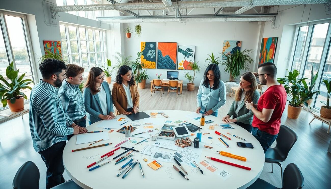 A bright and airy workspace with a group of engaged collaborators collaborating on a creative project. In the foreground, a circular table with various art supplies and sketches scattered across it. Colleagues gather around, engaged in lively discussion and exchanging ideas. In the middle ground, floor-to-ceiling windows flood the space with natural light, casting a warm glow. The background features vibrant wall art and potted plants, creating an inviting and dynamic atmosphere. The overall mood is one of dynamic collaboration, creativity, and a sense of shared purpose. A high-quality DSLR camera captures the scene, utilizing a wide-angle lens to convey the expansive, open-concept design.