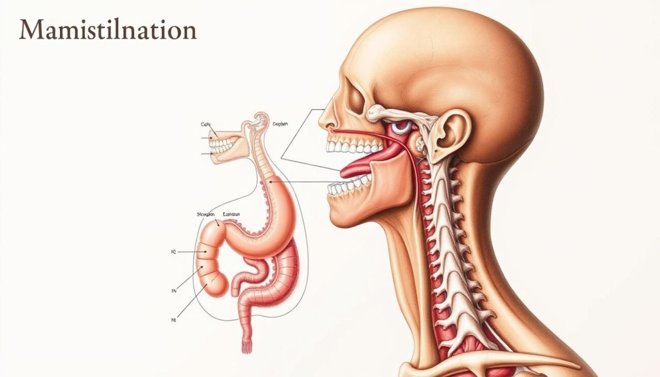A detailed anatomical diagram depicting the process of mastication and digestion. In the foreground, a cross-section of the human head shows the intricate structures involved in chewing - the teeth, jaws, and muscles. The middle ground reveals the esophagus, stomach, and intestines, with arrows and labels indicating the flow of food through the digestive system. The background features a soft, neutral color palette, allowing the medical illustrations to take center stage. The lighting is clear and evenly distributed, highlighting the precision and clarity of the scientific imagery. The overall composition conveys the importance of thorough chewing for optimal digestion, as suggested by the section title.