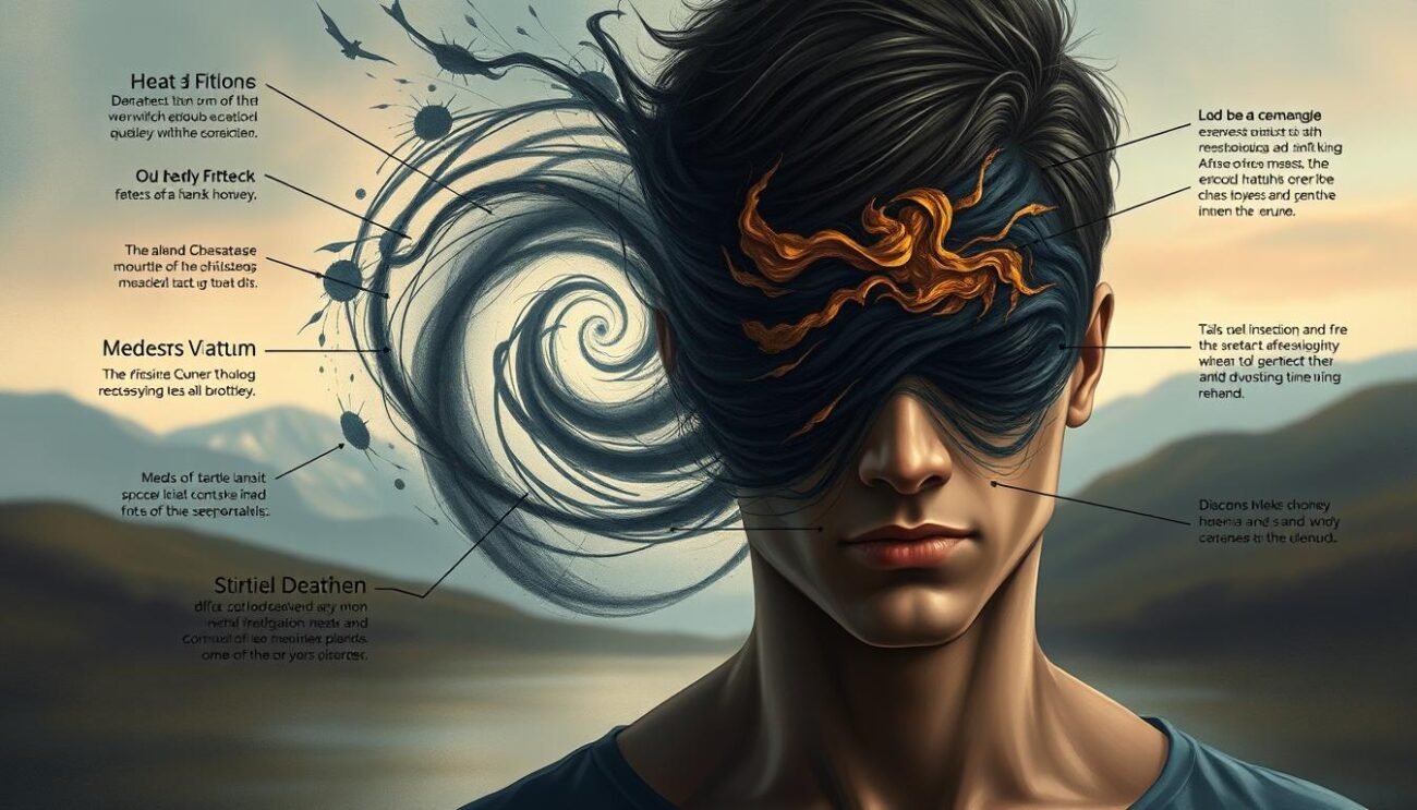 A detailed illustration of the key symptoms associated with various mental health disorders. A foreground featuring a person's face and upper body, with a pensive, introspective expression. The middle ground depicts a swirling vortex of abstract shapes and colors, representing the inner turmoil and psychological distress. The background showcases a softly blurred, ethereal landscape, evoking a sense of the enigmatic and elusive nature of the mind. Soft, muted lighting casts a contemplative, melancholic mood. Rendered in a realistic, painterly style that captures the complex, nuanced nature of mental health challenges.