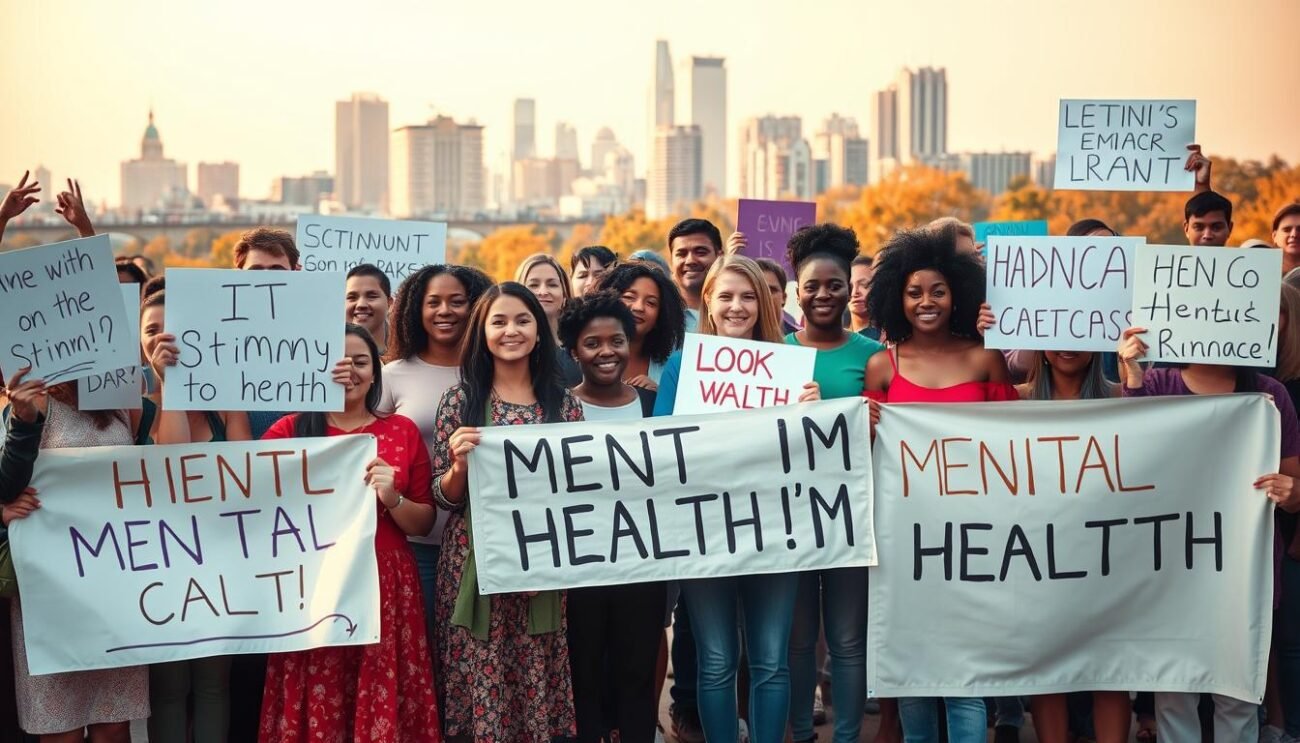 A diverse group of people standing together, united in their determination to fight the stigma surrounding mental health issues. In the foreground, individuals of different ages, genders, and backgrounds hold up signs and banners emblazoned with messages of support and understanding. The middle ground features a backdrop of city buildings, signifying the community-wide effort to promote mental health awareness. Warm, diffused lighting casts a hopeful glow, and the overall atmosphere conveys a sense of solidarity, empowerment, and a shared commitment to creating a more compassionate, inclusive society.