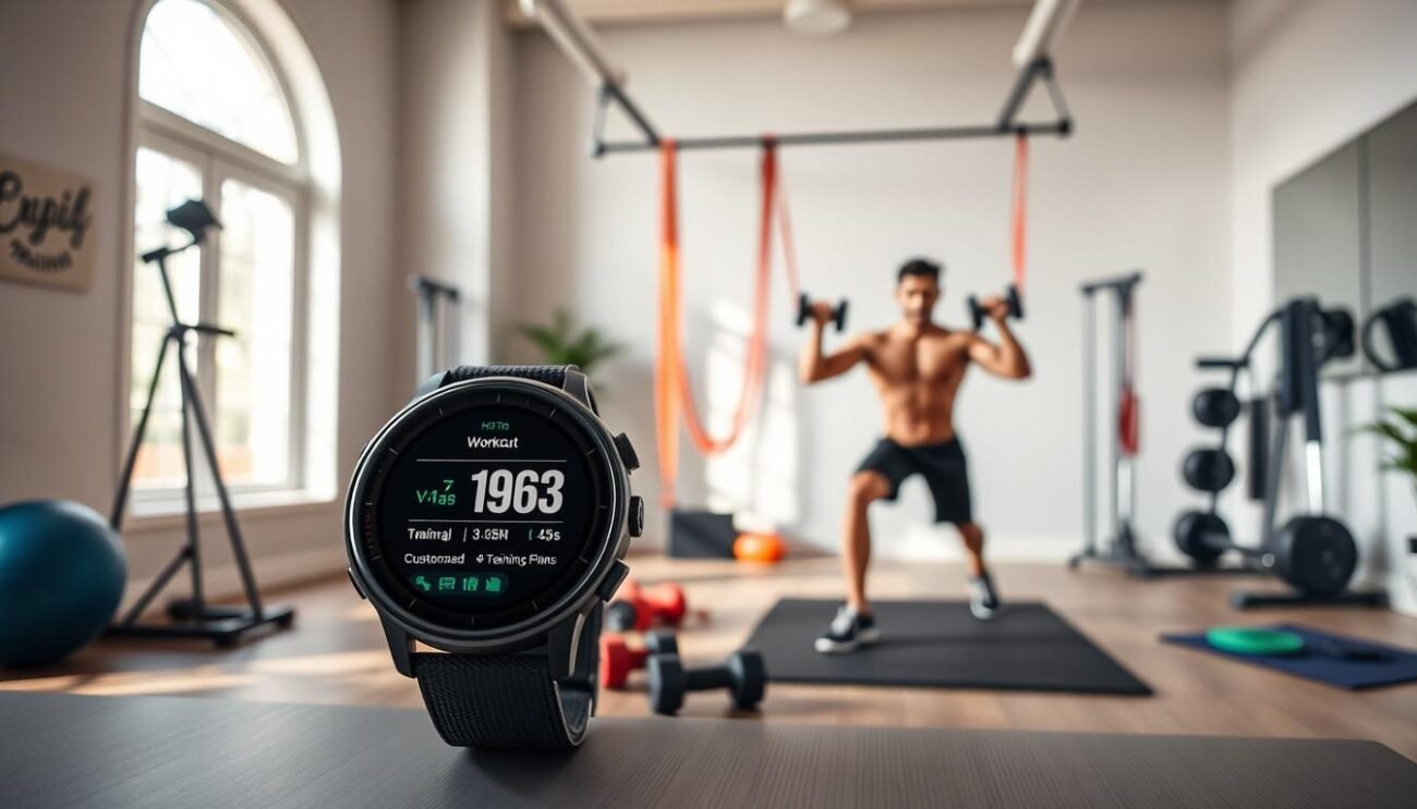 A meticulously designed personal training program, showcasing a well-equipped home gym with high-end equipment. In the foreground, a fitness tracker or smartwatch displays workout metrics and customized training plans. The middle ground features a fit individual performing exercises with proper form, surrounded by motivational fitness props like resistance bands, dumbbells, and an exercise mat. The background depicts a serene, minimalist space with natural lighting, clean lines, and a sense of tranquility, inspiring a focused and productive workout experience. The overall mood is one of personalized, goal-oriented fitness, empowering the viewer to achieve their health and wellness objectives.