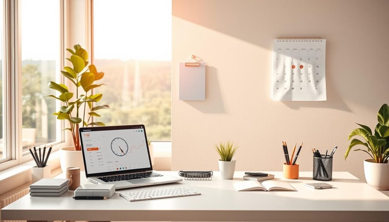 A meticulously organized workspace with a minimalist aesthetic, bathed in warm, natural lighting. In the foreground, a sleek, minimalist desk with clean lines, carefully arranged supplies, and a laptop displaying a time management app. The middle ground features a serene, potted plant and a wall-mounted calendar, visualizing the flow of time. The background showcases a large window overlooking a tranquil, verdant landscape, evoking a sense of balance and harmony. The overall scene conveys a calming, productive atmosphere, ideal for effectively managing one's time and priorities.