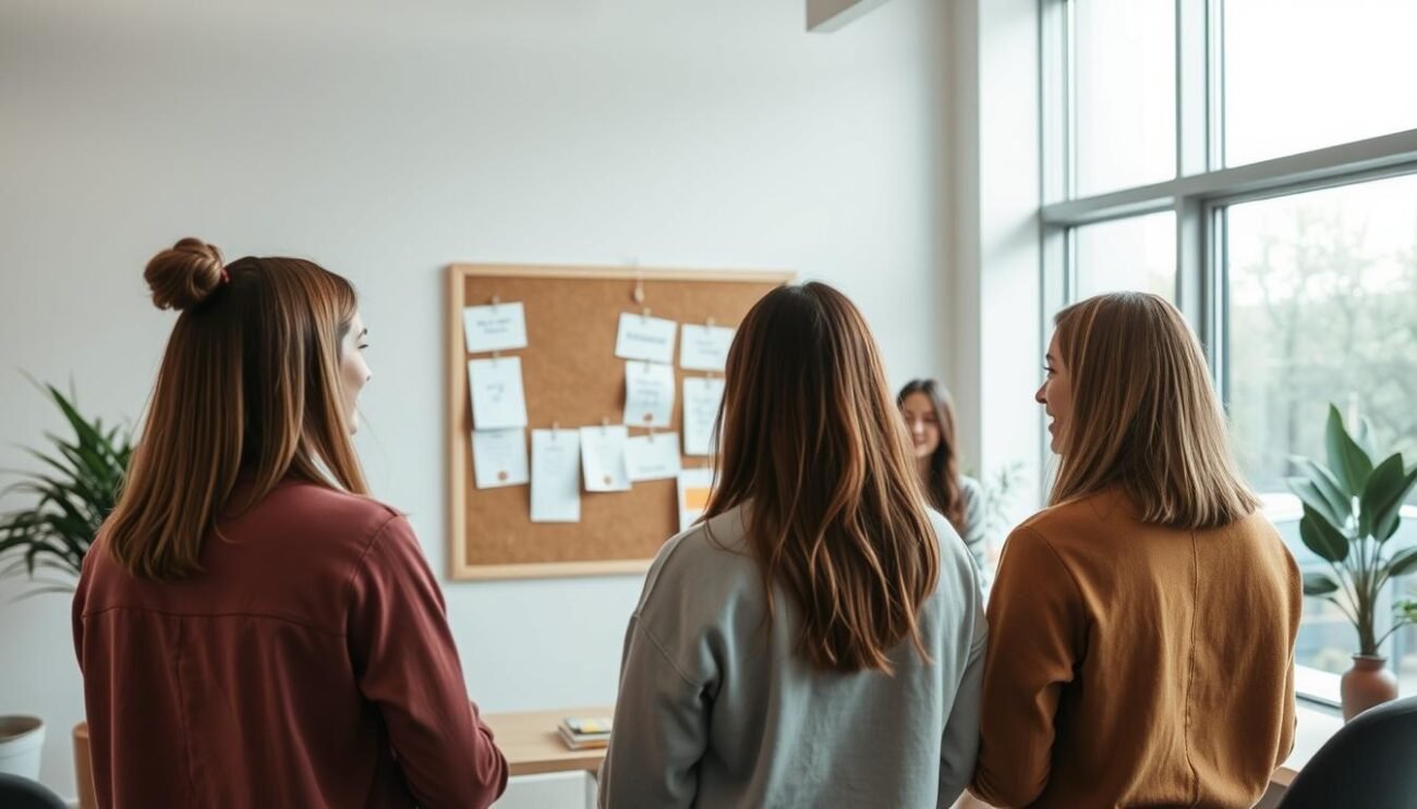 A modern, minimalist office setting with a warm, inviting atmosphere. In the foreground, a group of colleagues engaged in a thoughtful discussion, their body language conveying a sense of understanding and support. The middle ground features a cork bulletin board adorned with inspirational notes and wellness resources, reflecting a focus on mental health. The background showcases large windows allowing in natural light, creating a sense of openness and tranquility. Soft, diffused lighting enhances the overall calming ambiance, while the color palette combines soothing earth tones and gentle pastels. The scene conveys a collaborative, mindful work environment that prioritizes the well-being of its employees.