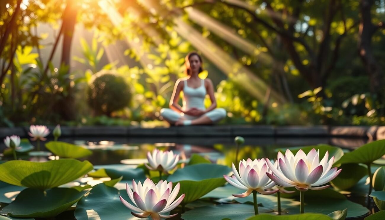 A peaceful meditation garden, bathed in warm, natural lighting. In the foreground, delicate lotus flowers float atop a serene pond, their petals unfurling. In the middle ground, a person sits in lotus position, eyes closed, hands resting gently on their lap, exuding a sense of deep tranquility. The background features lush, verdant foliage, with rays of sunlight filtering through the canopy, creating a calming, almost spiritual atmosphere. The overall scene conveys the scientific benefits of meditation, such as reduced stress and anxiety, through a visually soothing and harmonious composition.