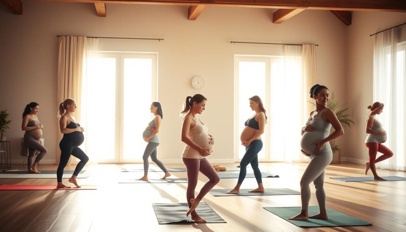 A peaceful, serene scene of a prenatal yoga class. In the foreground, a group of pregnant women gracefully moving through gentle poses on their yoga mats, their bodies and faces radiant with an inner glow. In the middle ground, sunlight streams in through large windows, casting a warm, soft light over the scene. The background features soothing, neutral-toned walls and minimal, calming decor, creating a calming, nurturing atmosphere. The overall mood is one of tranquility, connection, and the celebration of the beauty of the pregnant form.