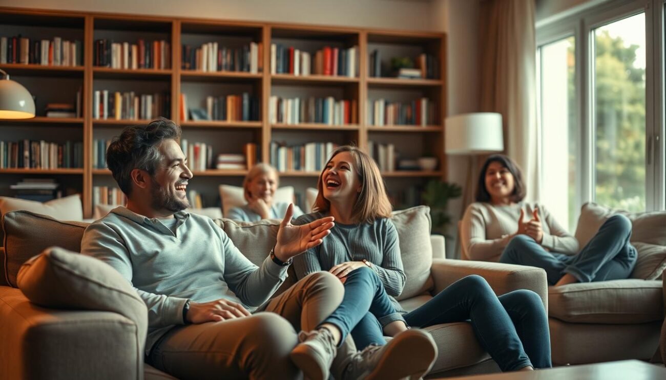 A relaxed group of friends gathered in a cozy living room, laughing and engaged in lively conversation. The scene is bathed in warm, soft lighting, creating a soothing and inviting atmosphere. In the foreground, two people sit on a plush sofa, animatedly gesturing as they share a humorous anecdote, their faces lit by broad smiles. In the middle ground, another pair of friends recline in comfortable armchairs, their bodies language conveying a sense of ease and contentment. The background features a bookshelf filled with volumes, adding a touch of intellectual sophistication, and a large window that allows natural light to filter in, heightening the tranquil ambiance. The overall composition suggests the restorative power of social connections and the therapeutic benefits of laughter.