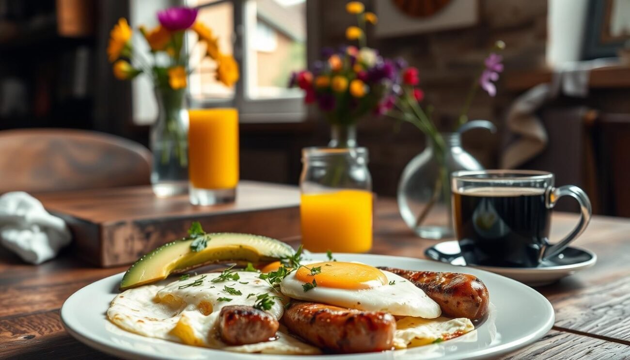 A savory and protein-rich breakfast scene set in a cozy kitchen. In the foreground, a plate of scrambled eggs, grilled sausages, and sliced avocado, garnished with fresh herbs. In the middle ground, a glass of freshly squeezed orange juice and a cup of steaming black coffee. The background features a rustic wooden table, a sun-drenched window, and a vase of vibrant wildflowers. The lighting is soft and natural, casting a warm glow over the scene. The overall mood is one of nourishment, simplicity, and contentment.