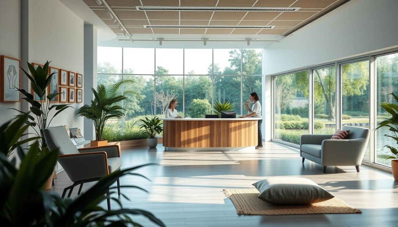 A serene and calming mental health resource hub, bathed in soothing natural light. In the foreground, a variety of supportive icons and symbols representing different forms of assistance, such as a counseling chair, a support phone, and a calming meditation pillow. The middle ground features a welcoming reception desk with a kind, empathetic staff member ready to guide visitors. In the background, a tranquil garden landscape with lush greenery, flowing water, and a sense of peaceful refuge. The overall atmosphere conveys a sense of safety, comfort, and the availability of compassionate care for those seeking support for their mental well-being.