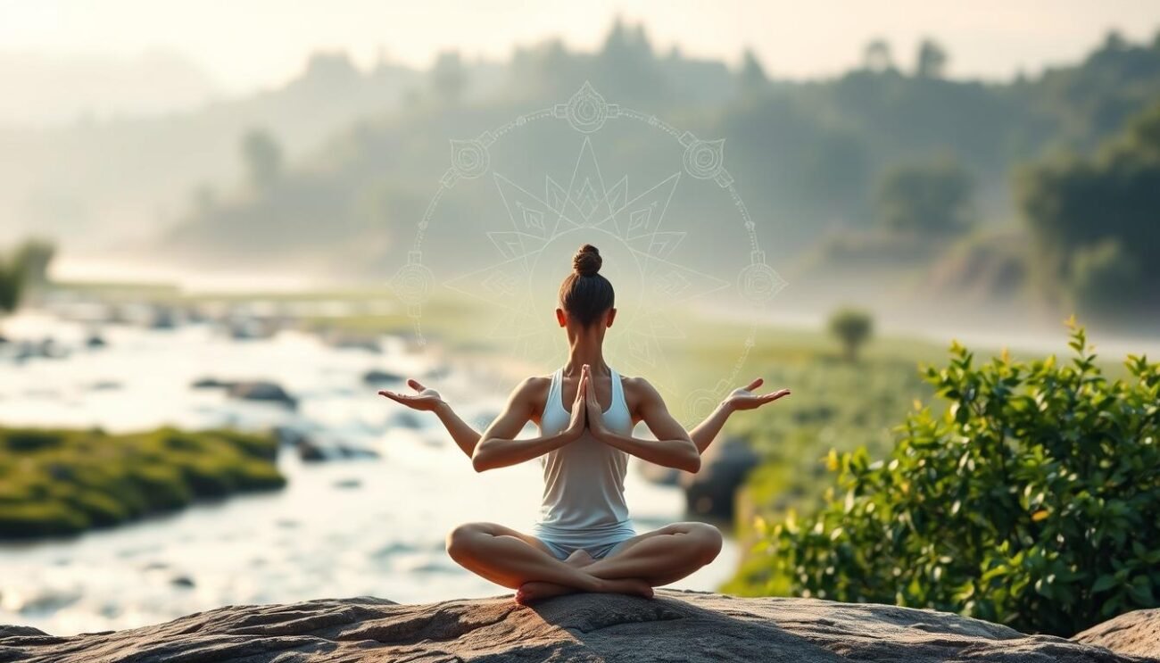 A serene and contemplative scene of a yoga practitioner in a peaceful pose, surrounded by symbols of the philosophies of yoga. The figure is positioned in the foreground, achieving a state of balance and harmony between the body and the mind. In the middle ground, depictions of key philosophical concepts such as the chakras, the three gunas, and the eight limbs of yoga are subtly incorporated. The background features a tranquil landscape with soothing natural elements like flowing water, verdant foliage, and a soft, diffused lighting that evokes a sense of inner calm and spiritual connection. The overall composition and aesthetic convey the deep-rooted philosophical foundations that underpin the transformative practice of yoga.