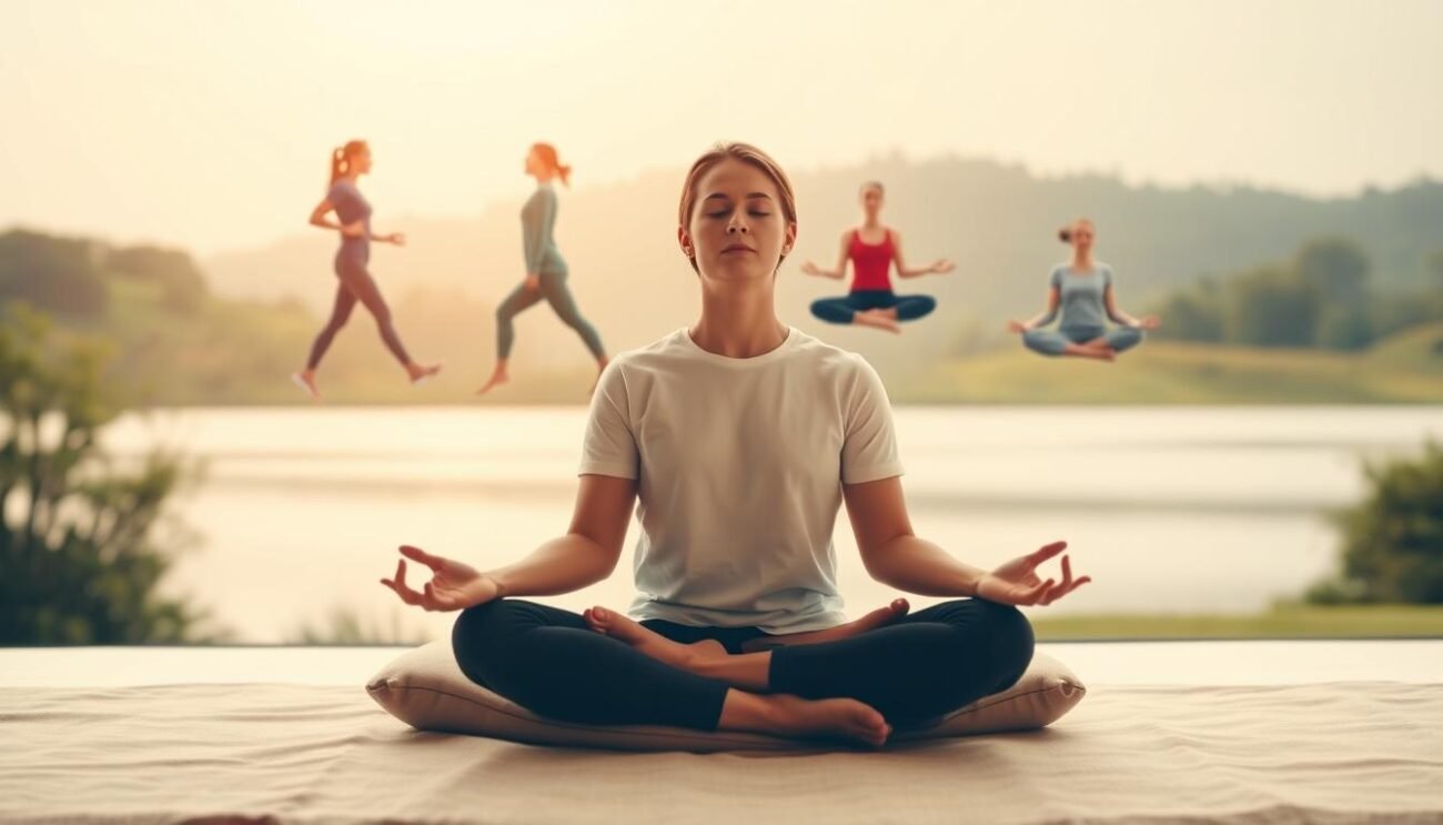 A serene and contemplative scene of various meditation techniques. In the foreground, a person sits cross-legged on a cushion, eyes closed, hands in a mudra. In the middle ground, different meditation poses are depicted - a person walking mindfully, another in a lotus position, and a group practicing together. The background features a tranquil landscape, with a calming lake, lush greenery, and a warm, diffused lighting that creates a peaceful ambiance. The image conveys a sense of focus, balance, and the diverse range of meditation practices to reduce stress and anxiety.