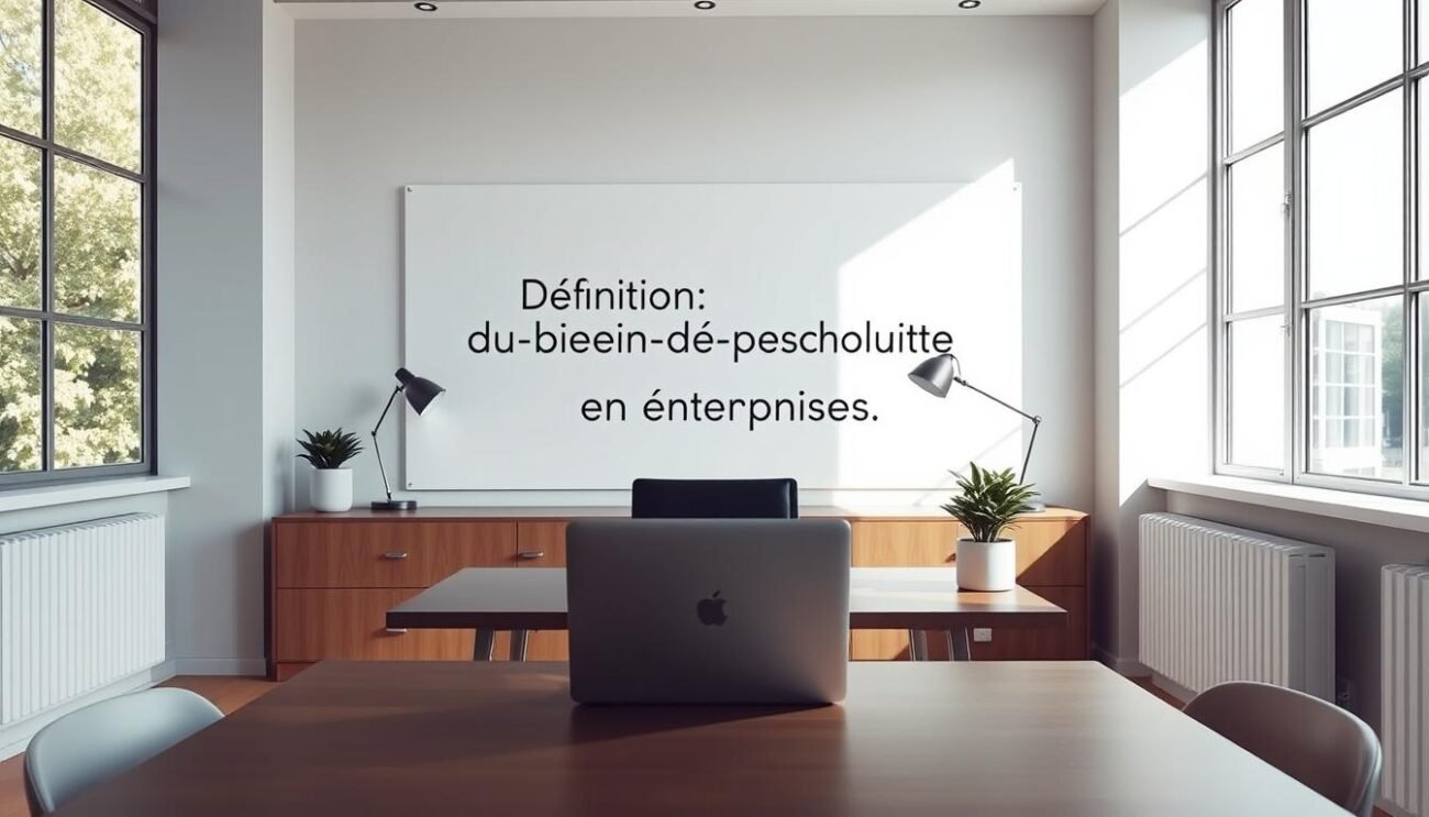 A serene and minimalist office setting, with natural light streaming through large windows. A central desk features a laptop, a potted plant, and a simple yet elegant desk lamp. In the background, a whiteboard displays the words "Définition du bien-être psychologique en entreprise" in a clean, sans-serif font. The overall atmosphere conveys a sense of calm, focus, and professional well-being. The composition is balanced, with the subject positioned centrally and surrounded by negative space, allowing the viewer to concentrate on the core concept. The lighting is soft and diffused, creating a warm and inviting ambiance.