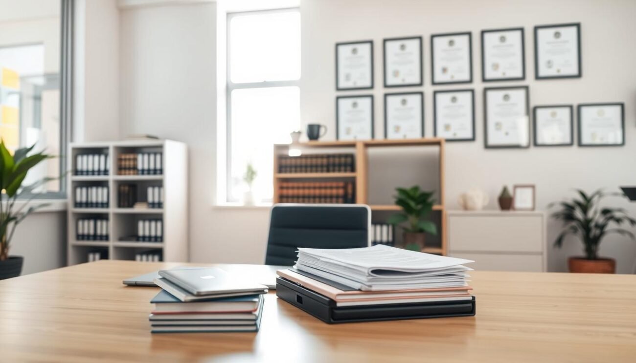 A serene and professional office setting, illuminated by soft natural light filtering through large windows. In the foreground, a neatly organized desk with minimalist decor, a laptop, and a stack of legal documents. Behind it, a modern, yet inviting bookshelf filled with law books and other legal resources. In the background, a neutral-toned wall adorned with framed certificates and awards, symbolizing the expertise and credibility of the establishment. The overall atmosphere conveys a sense of order, diligence, and a commitment to upholding the legal framework for workplace well-being.