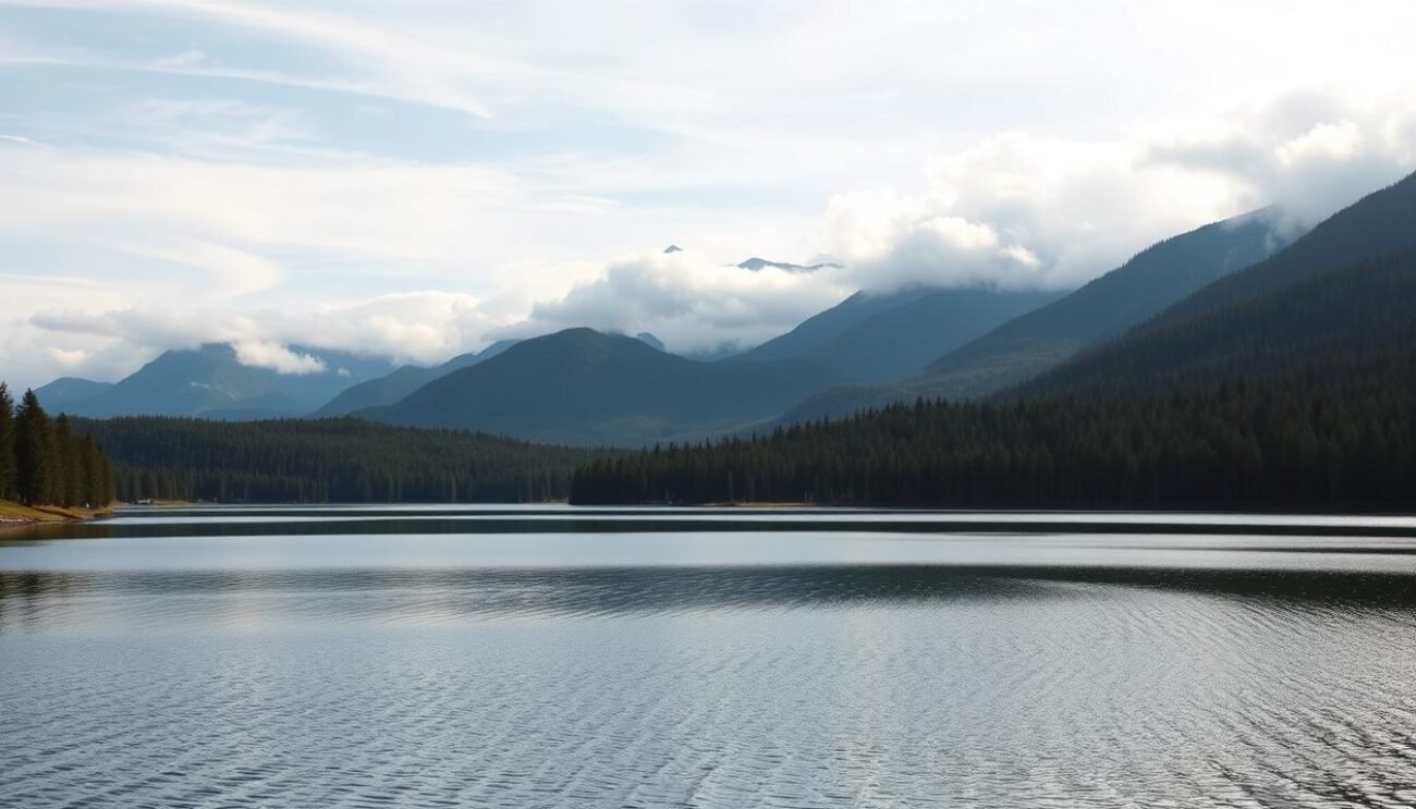 A serene landscape depicting the continuum of mental health and psychological disorders. In the foreground, a tranquil lake reflects the sky, representing the balanced state of mental well-being. In the middle ground, a lush forest gradually transitions into a more ominous, shadowy realm, symbolizing the gradual emergence of psychological challenges. The background features a majestic mountain range, its peaks partially obscured by swirling mist, signifying the depth and complexity of mental health issues. The lighting is soft and natural, creating a contemplative atmosphere. The composition is carefully balanced, conveying the delicate balance between mental health and mental disorders.