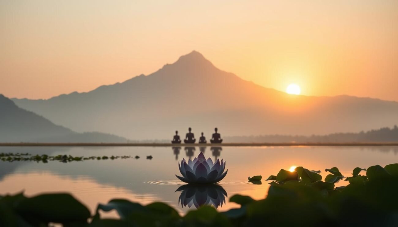 A serene landscape depicting the origins of meditation. In the foreground, a tranquil lake reflects the silhouette of a lotus flower in full bloom, its petals unfolding like a symbol of enlightenment. The middle ground features a group of meditating figures, their postures and expressions conveying a sense of inner peace and contemplation. The background is dominated by a majestic mountain range, its peaks kissed by the warm glow of the setting sun, casting a soft, golden light over the entire scene. The lighting is natural and diffused, creating a calming, contemplative atmosphere. The perspective is slightly elevated, allowing the viewer to observe the scene as if from a higher vantage point, adding to the sense of serenity and detachment.