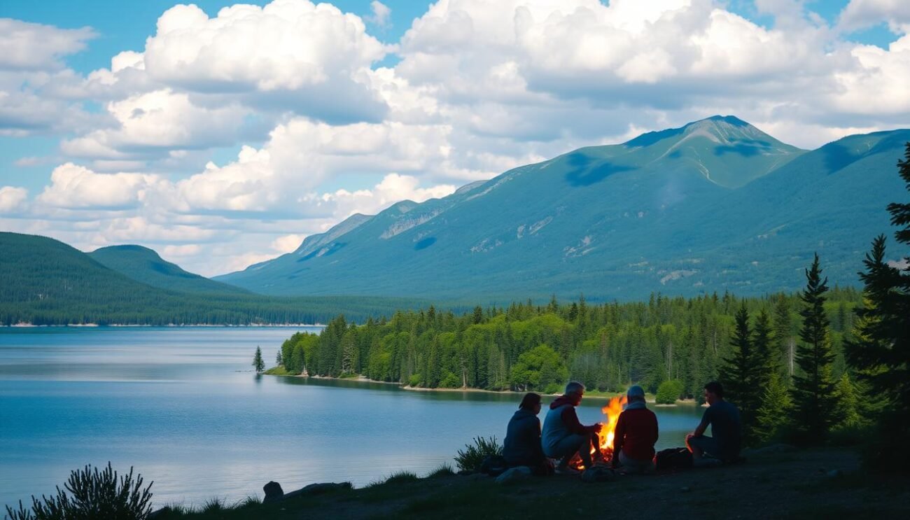 A serene landscape with a tranquil lake reflecting the blue sky and fluffy white clouds. In the foreground, a group of people gathered around a campfire, their faces illuminated by the warm glow, symbolizing the power of community and social connection. In the middle ground, a lush forest with vibrant green foliage, representing the rejuvenating effects of nature. In the background, a majestic mountain range, signifying the importance of physical activity and a sense of purpose. The entire scene is bathed in soft, natural lighting, creating a peaceful and calming atmosphere that evokes feelings of mental well-being and resilience.