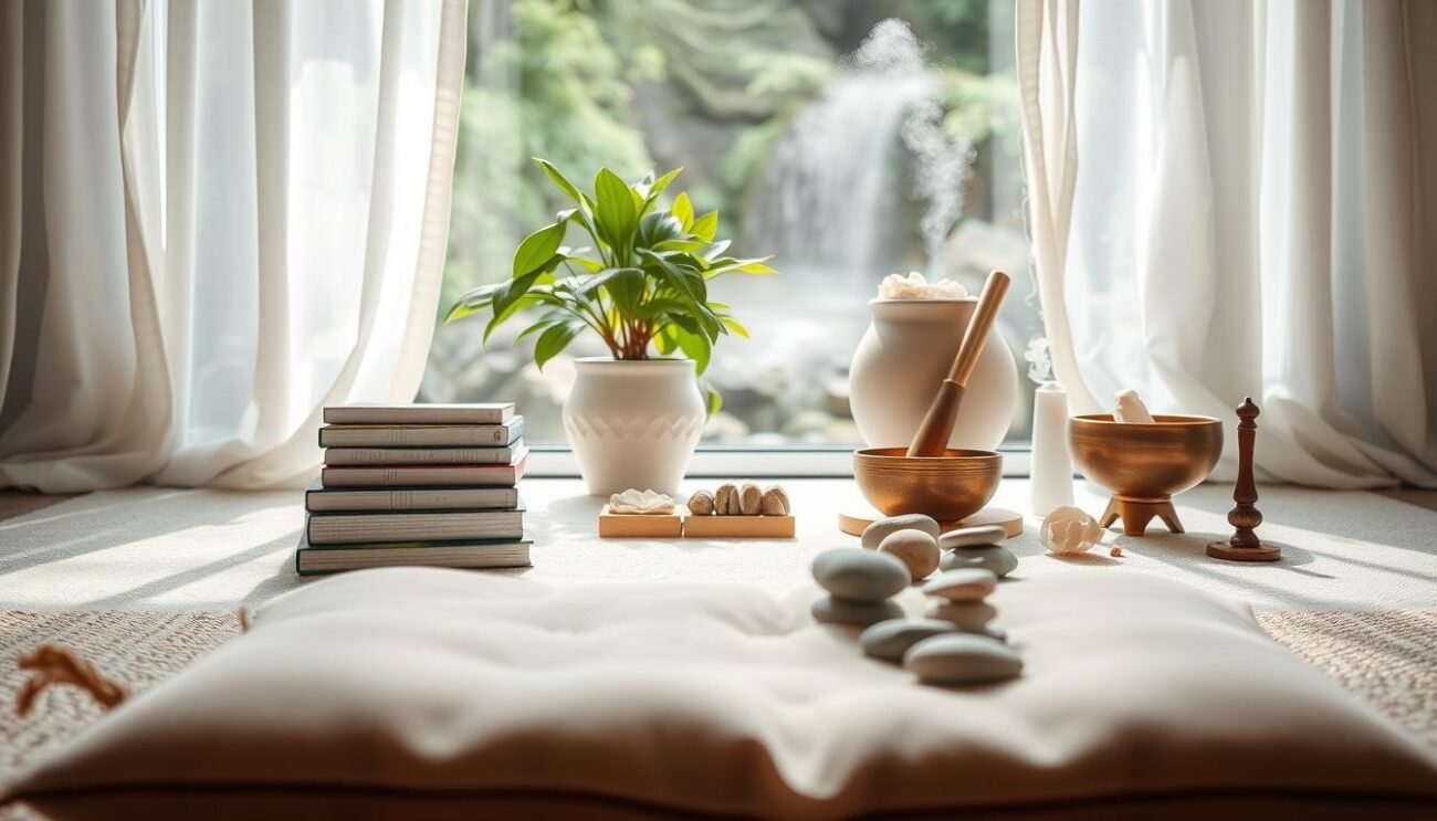 A serene meditation space with natural light filtering through airy curtains. In the foreground, a plush meditation cushion and a bowl of smooth river stones. The middle ground showcases an assortment of meditation resources: a stack of books, a Tibetan singing bowl, a coiled incense holder, and a calming crystal display. The background features a peaceful nature scene with a lush potted plant, a small waterfall, and wisps of mist adding to the tranquil atmosphere. The overall lighting is soft and diffused, creating a calming, introspective mood ideal for mindfulness practices.