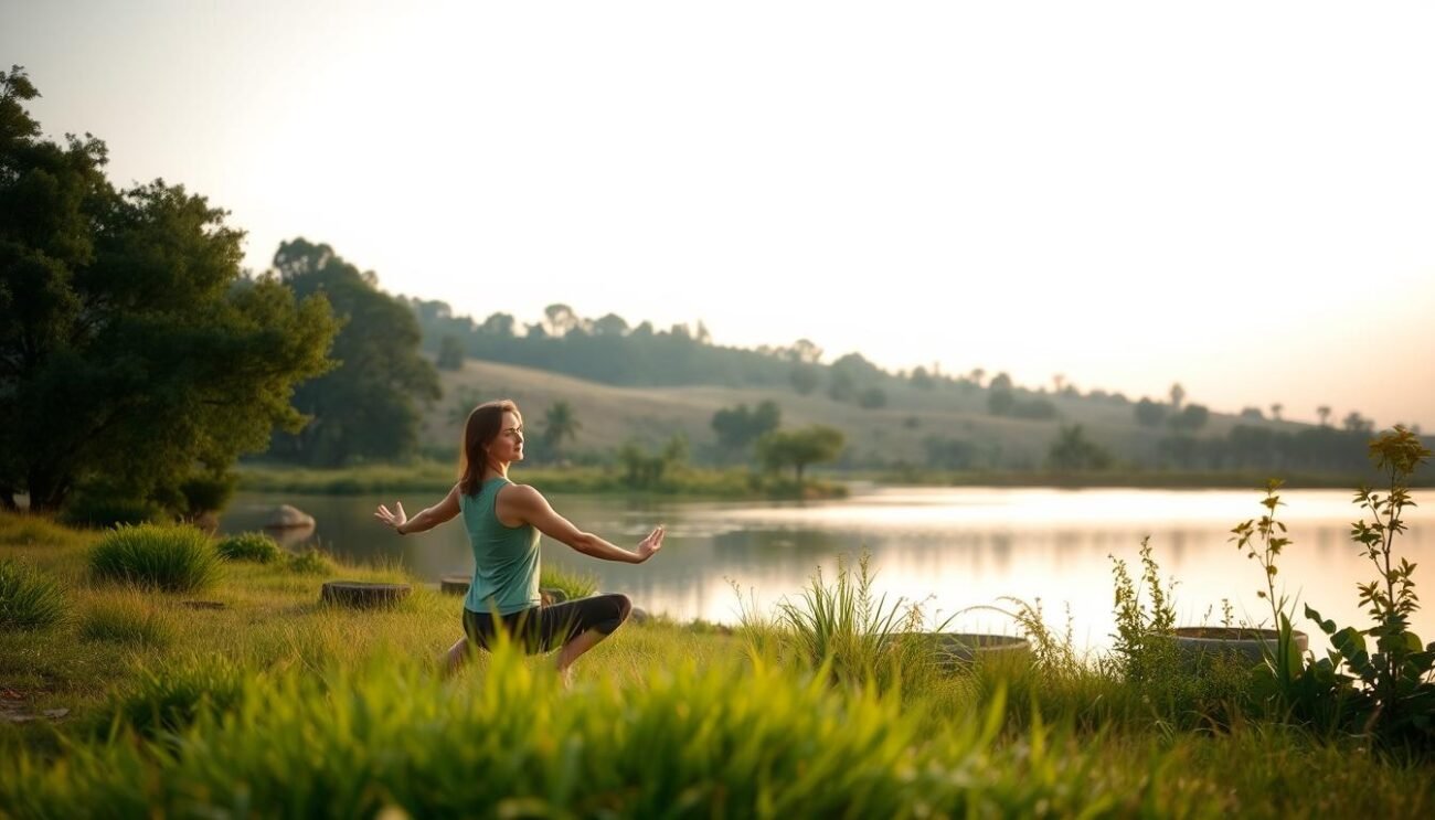 A serene outdoor scene with a person practicing yoga or light exercise in a peaceful natural setting. The foreground shows the person in a relaxed, meditative pose, surrounded by lush greenery and a calming body of water. The middle ground features a gently rolling landscape with trees and plants, creating a soothing, harmonious atmosphere. The background depicts a warm, soft-lit sky, conveying a sense of tranquility and stress relief. The lighting is natural and diffused, highlighting the person's focused expression and the tranquil ambiance. The overall composition should evoke a feeling of mental and physical rejuvenation, perfectly capturing the concept of "physical activity as an anti-stress ally".