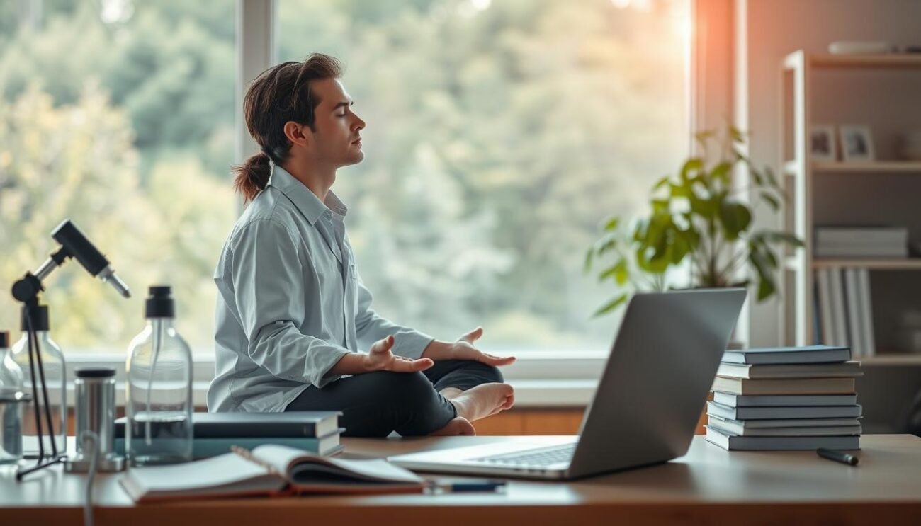 A serene scientific study scene, featuring a researcher in a contemplative pose, deep in meditation. The foreground shows a desk with scientific equipment, books, and a laptop, suggesting an intellectual pursuit. The middle ground depicts the researcher, eyes closed, sitting cross-legged in a peaceful, introspective state. The background showcases a tranquil natural setting, with soft lighting filtering through a window, creating a calming ambiance. The overall composition conveys a harmonious balance between the scientific and the contemplative, highlighting the intersection of meditation and health research.