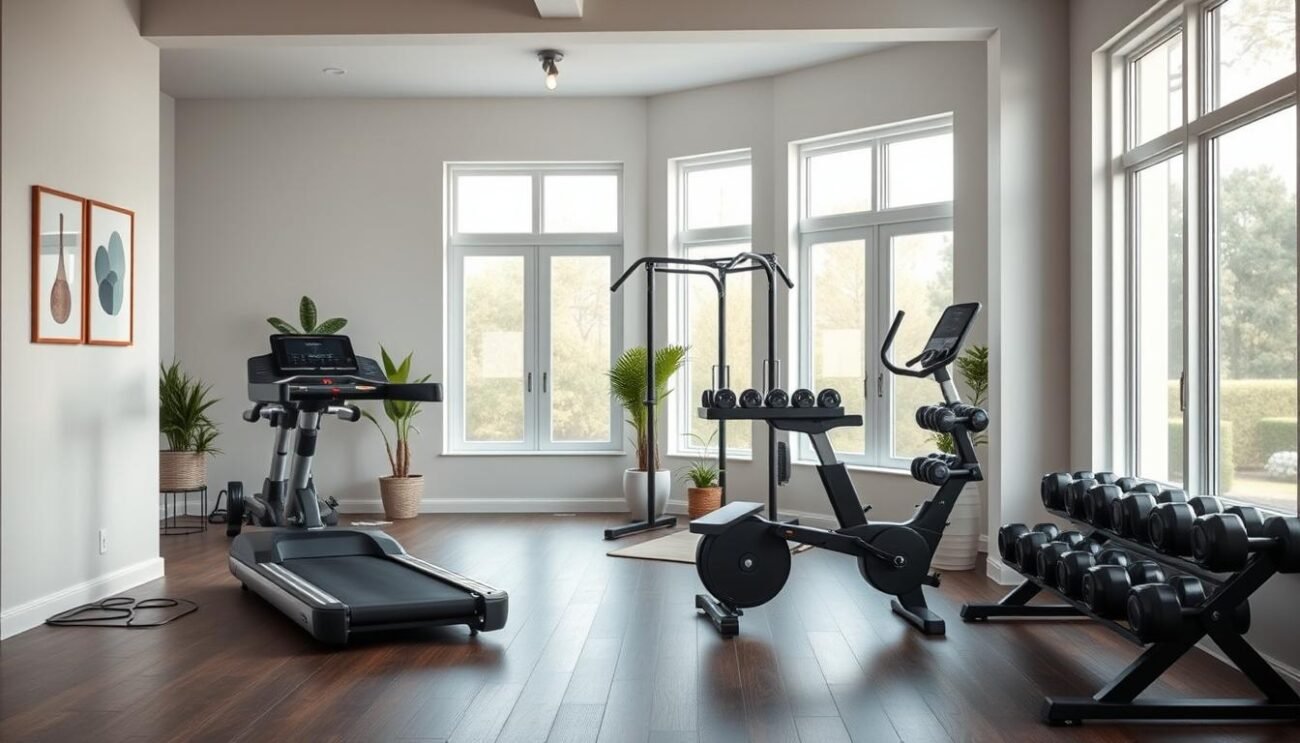 A spacious and well-lit home gym, featuring a variety of modern fitness equipment arranged in a visually appealing layout. In the foreground, a sleek treadmill and a state-of-the-art stationary bike stand ready for use. In the middle ground, a weight rack with an assortment of free weights and a sturdy workout bench invite users to strength train. The background showcases large windows letting in plenty of natural light, creating a bright and energizing atmosphere. Carefully curated decor, such as minimal wall art and potted plants, adds a touch of sophistication to the space. The overall scene conveys a sense of motivation and a commitment to personal wellness.