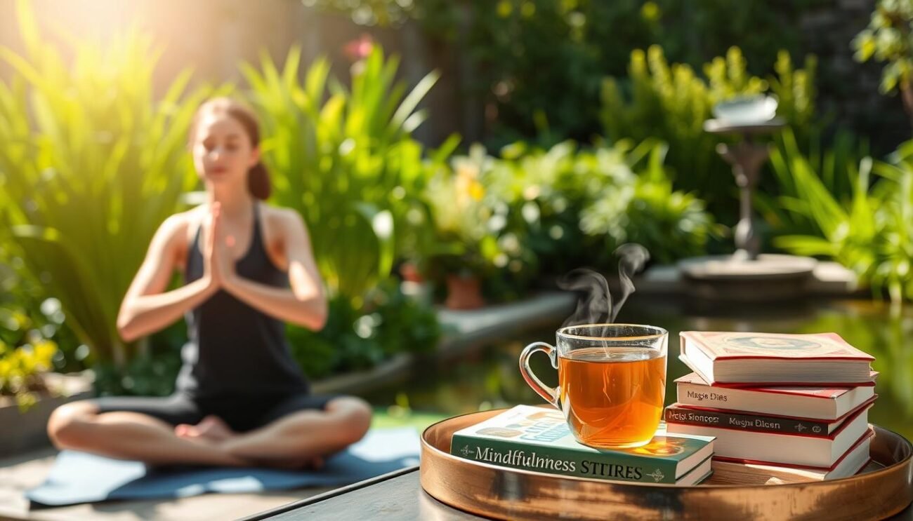 A tranquil, sunlit scene depicting various anti-stress methods. In the foreground, a person engages in gentle yoga poses, their face serene. In the middle ground, a tray with a steaming mug of herbal tea and a stack of books on mindfulness. The background showcases a lush, verdant garden, with a small water feature reflecting the natural light. The overall mood is one of calm, harmony, and a sense of relaxation, conveying the essence of effective stress management techniques.