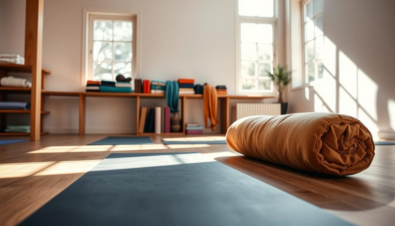 A tranquil yoga studio filled with essential equipment - a sleek black mat, a plush bolster in a warm tan, and an array of colorful blocks and straps arranged neatly on a wooden shelf. Sunlight streams through large windows, casting a soft, natural glow on the scene. The overall atmosphere is one of calm, simplicity, and intention - the perfect setting to begin a rejuvenating yoga practice. The camera angle captures a low, grounded perspective, inviting the viewer to step into the serene space and prepare for their journey of mind-body wellness.