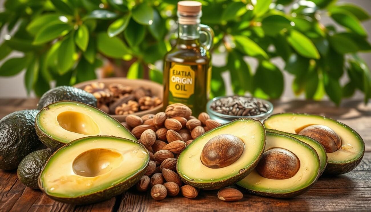 A vibrant, high-resolution image of a selection of healthy fats on a rustic wooden table. In the foreground, a collection of shiny avocado halves, glistening with droplets of olive oil. Alongside them, a pile of walnuts and almonds, their rich brown textures contrasting with the glossy green of the avocados. In the middle ground, a bottle of extra virgin olive oil and a small bowl of omega-3-rich flax seeds. The background features a lush, verdant plant, its leaves casting a soft, natural light across the scene. The overall mood is one of health, wellness, and the bounty of nature's most nourishing ingredients.